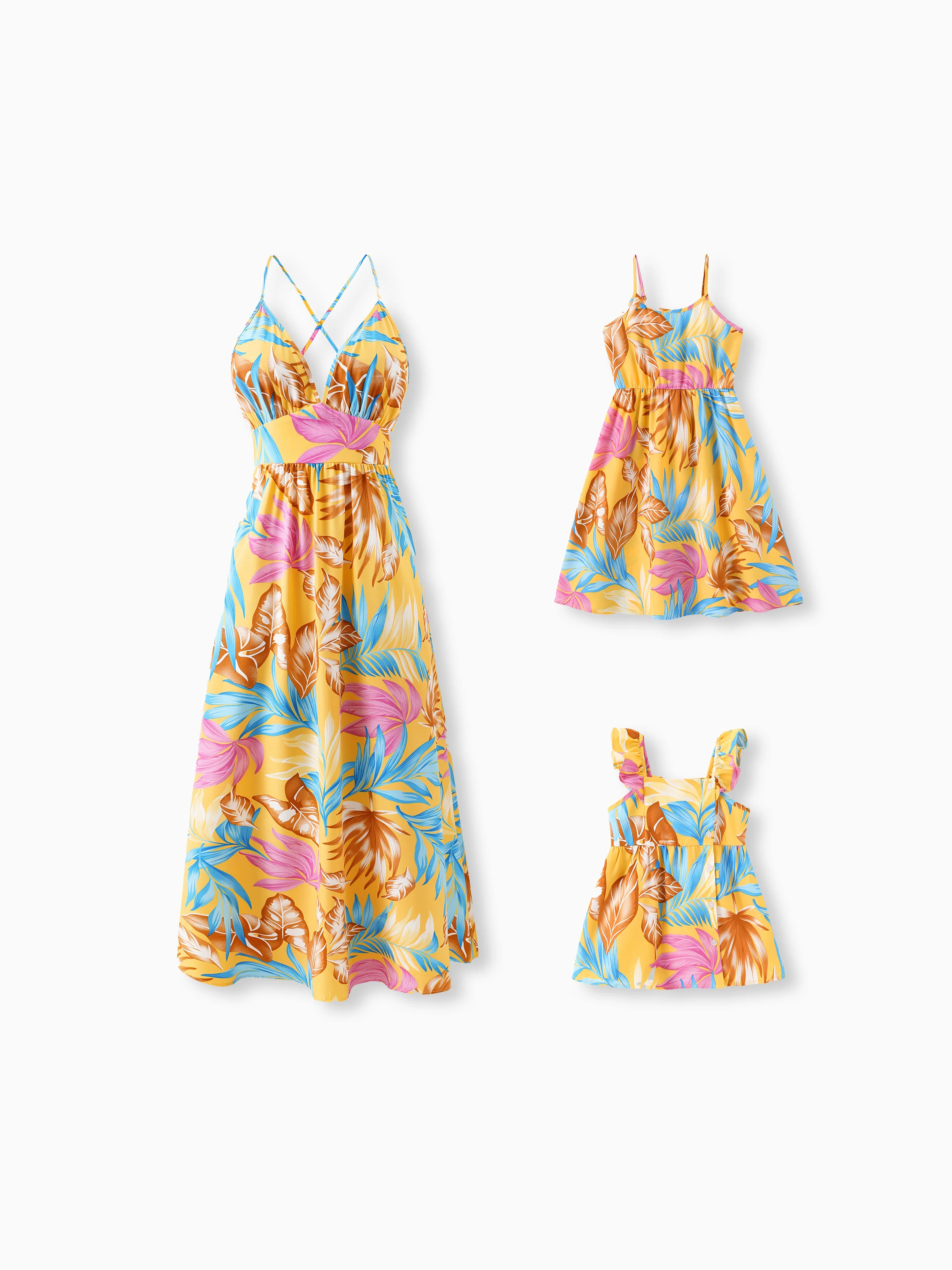 Mommy and Me Family Matching Yellow Set Tropical Leaf Print Short-sleeve Shirt or Strap Dress Yellow