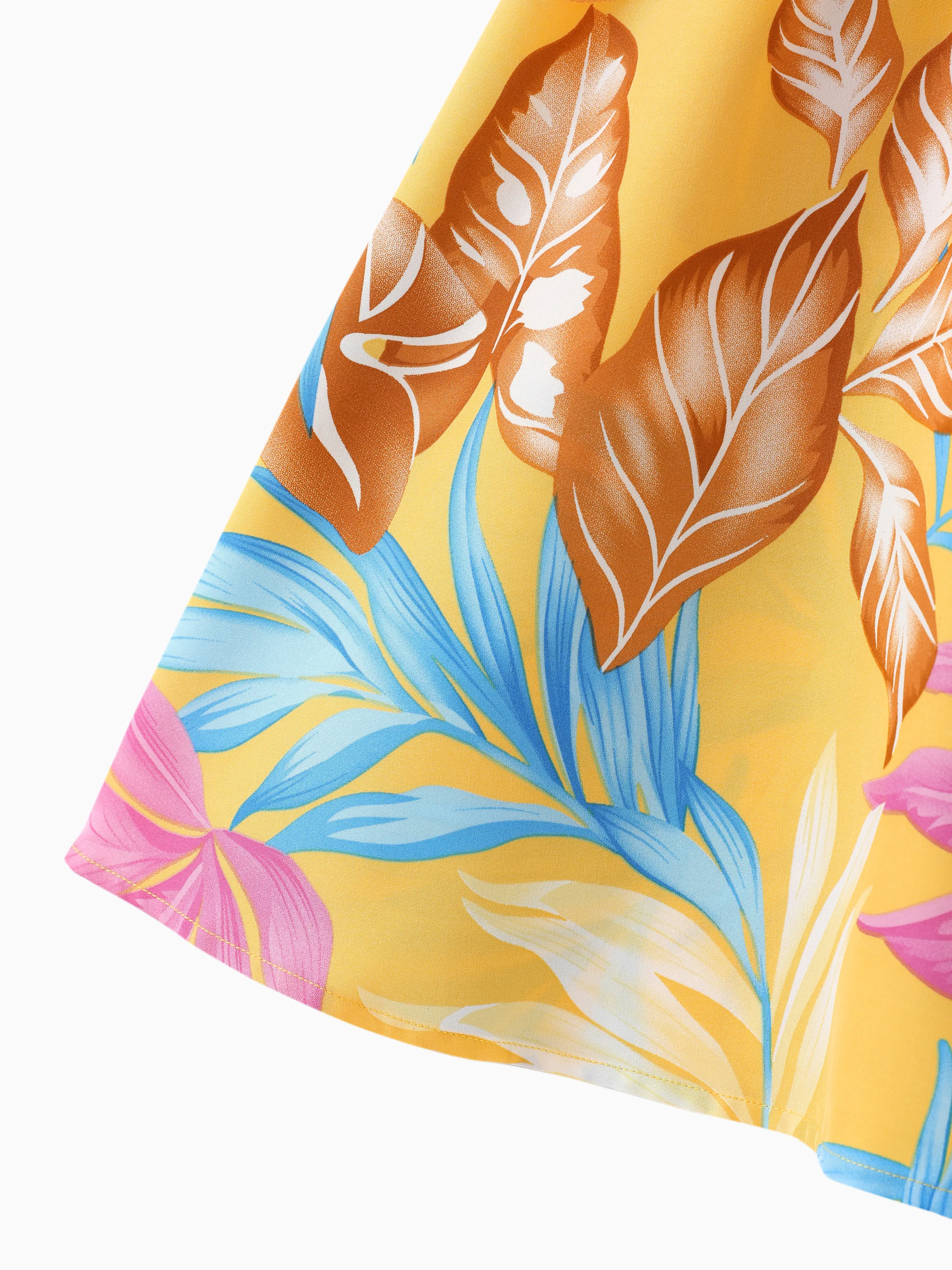 Mommy and Me Family Matching Yellow Set Tropical Leaf Print Short-sleeve Shirt or Strap Dress Yellow - Image 12