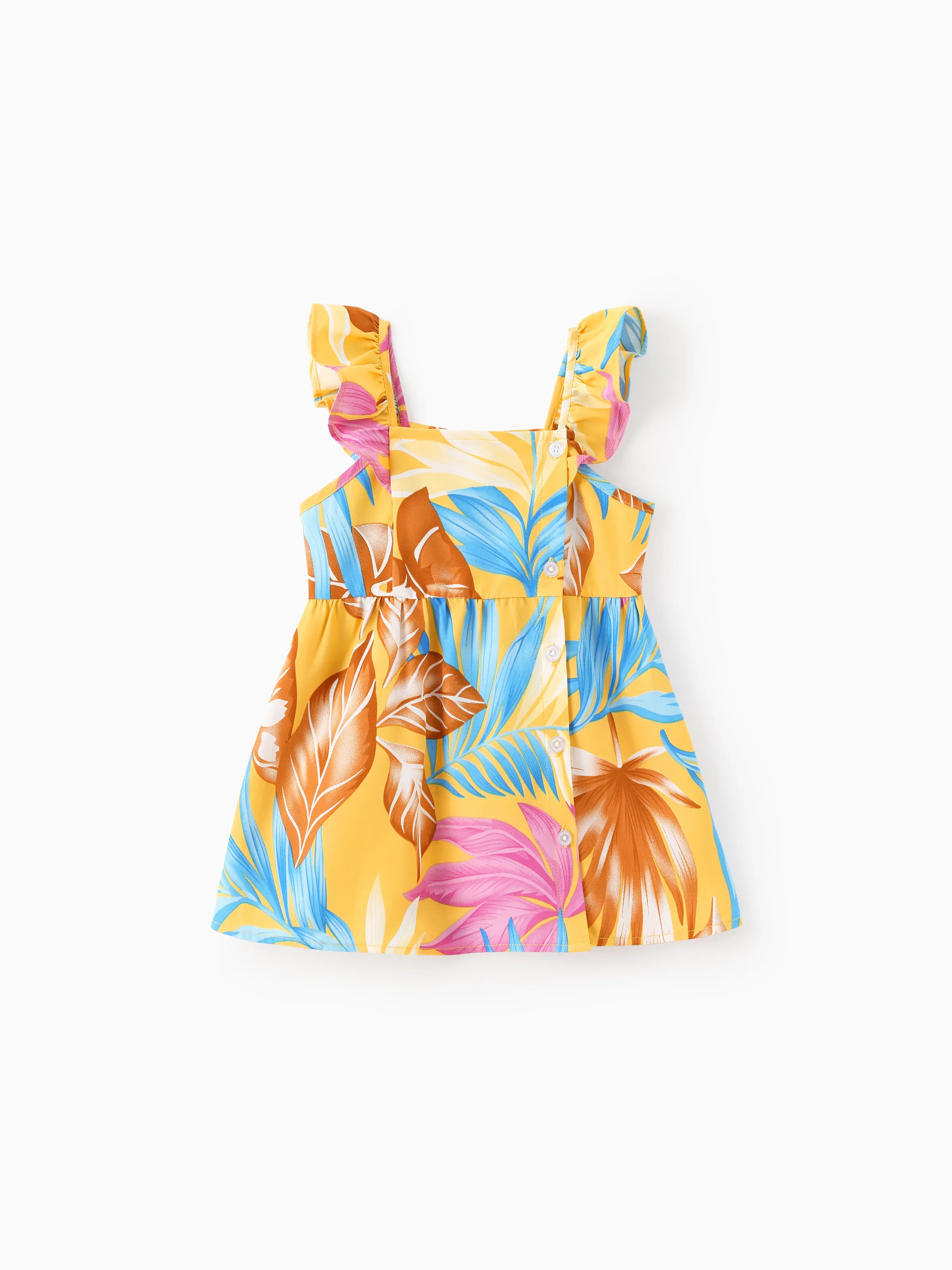 Mommy and Me Family Matching Yellow Set Tropical Leaf Print Short-sleeve Shirt or Strap Dress Yellow - Image 13
