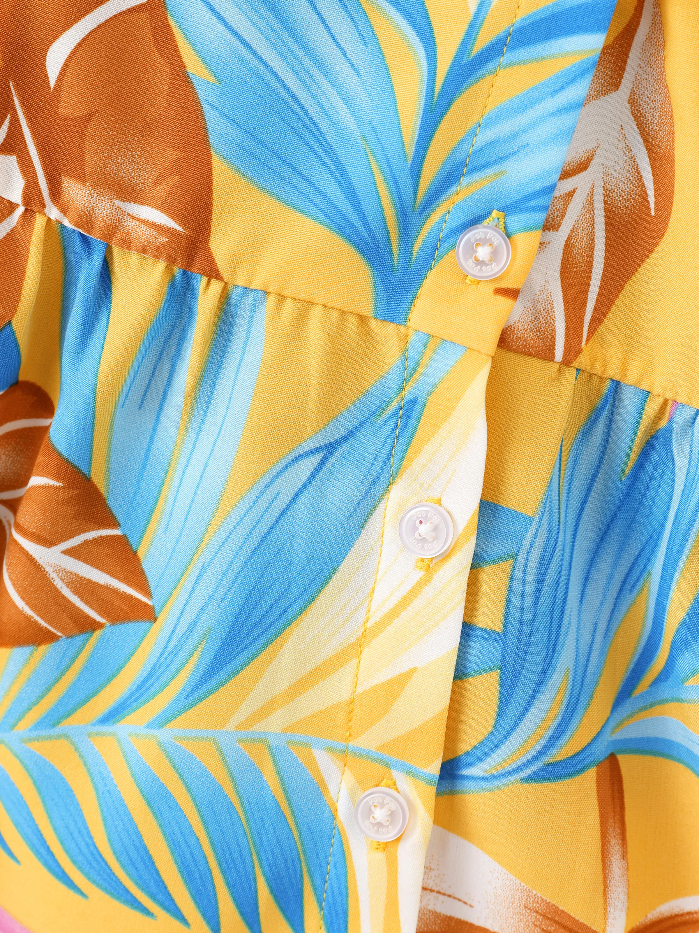 Mommy and Me Family Matching Yellow Set Tropical Leaf Print Short-sleeve Shirt or Strap Dress Yellow - Image 17