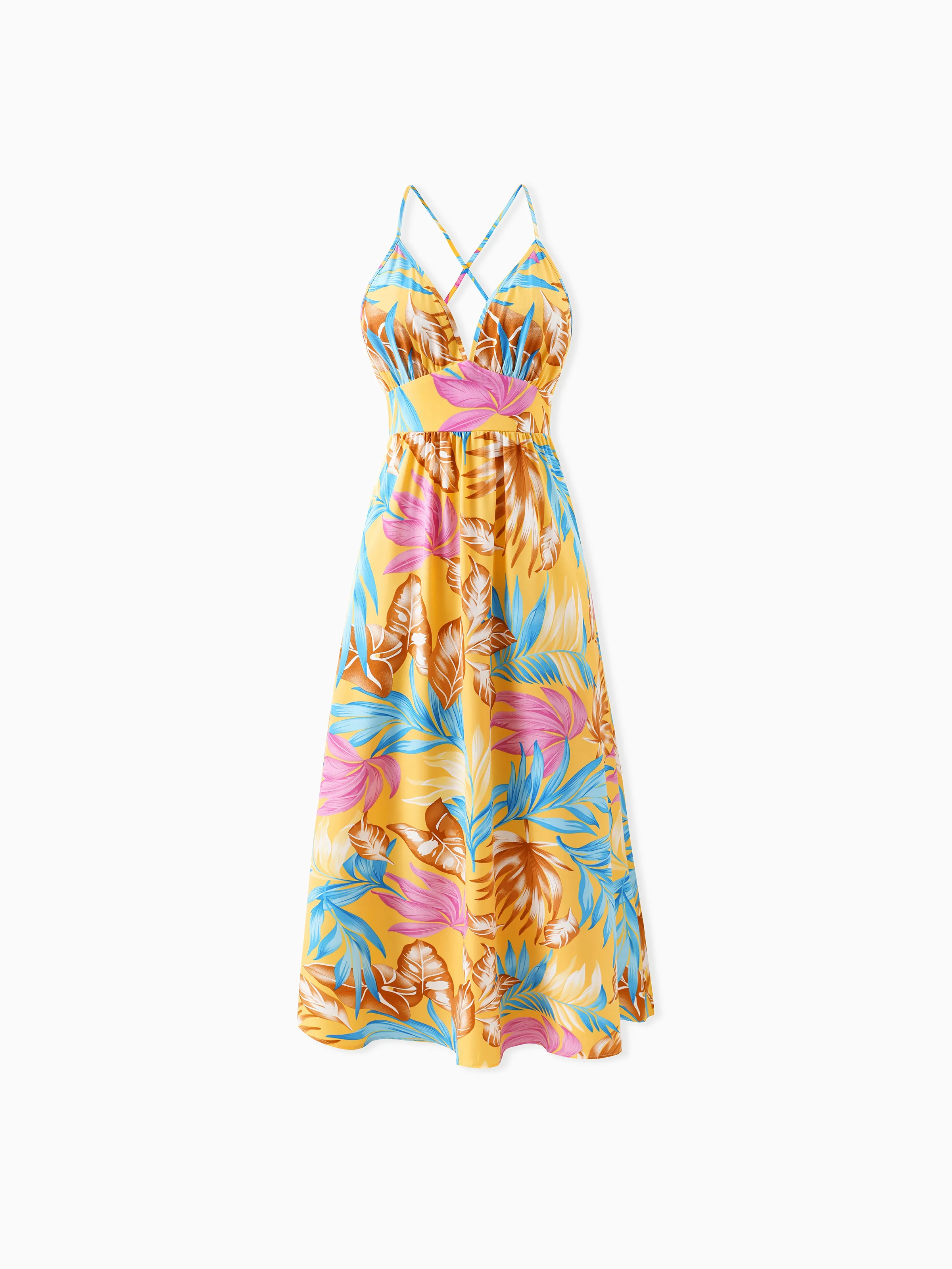 Mommy and Me Family Matching Yellow Set Tropical Leaf Print Short-sleeve Shirt or Strap Dress Yellow - Image 3