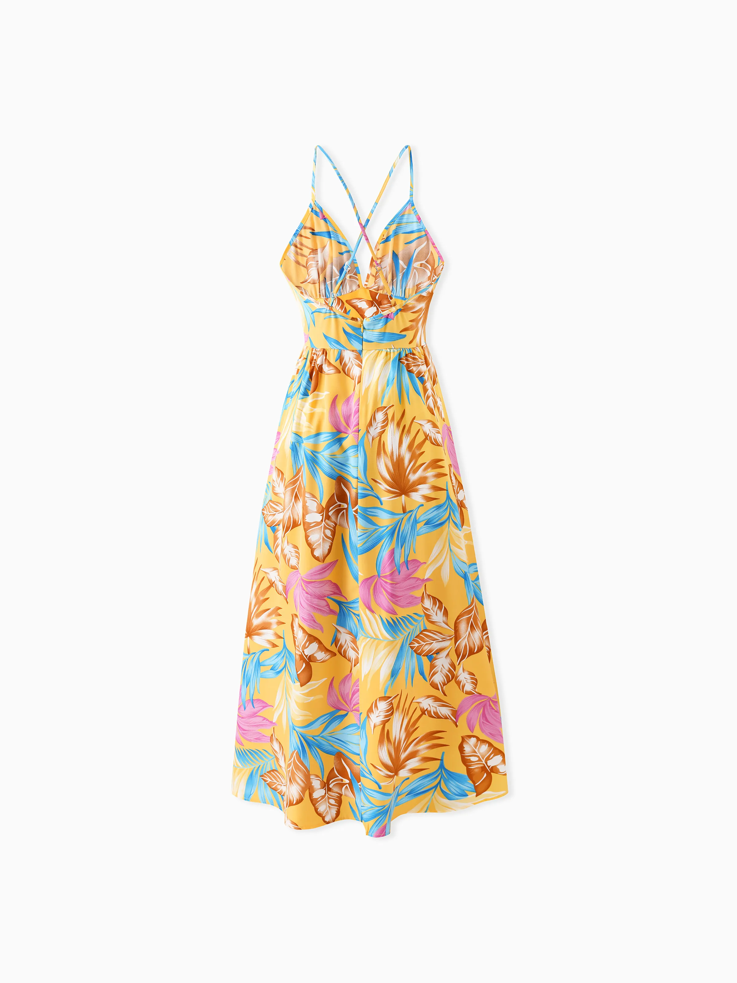 Mommy and Me Family Matching Yellow Set Tropical Leaf Print Short-sleeve Shirt or Strap Dress Yellow - Image 4