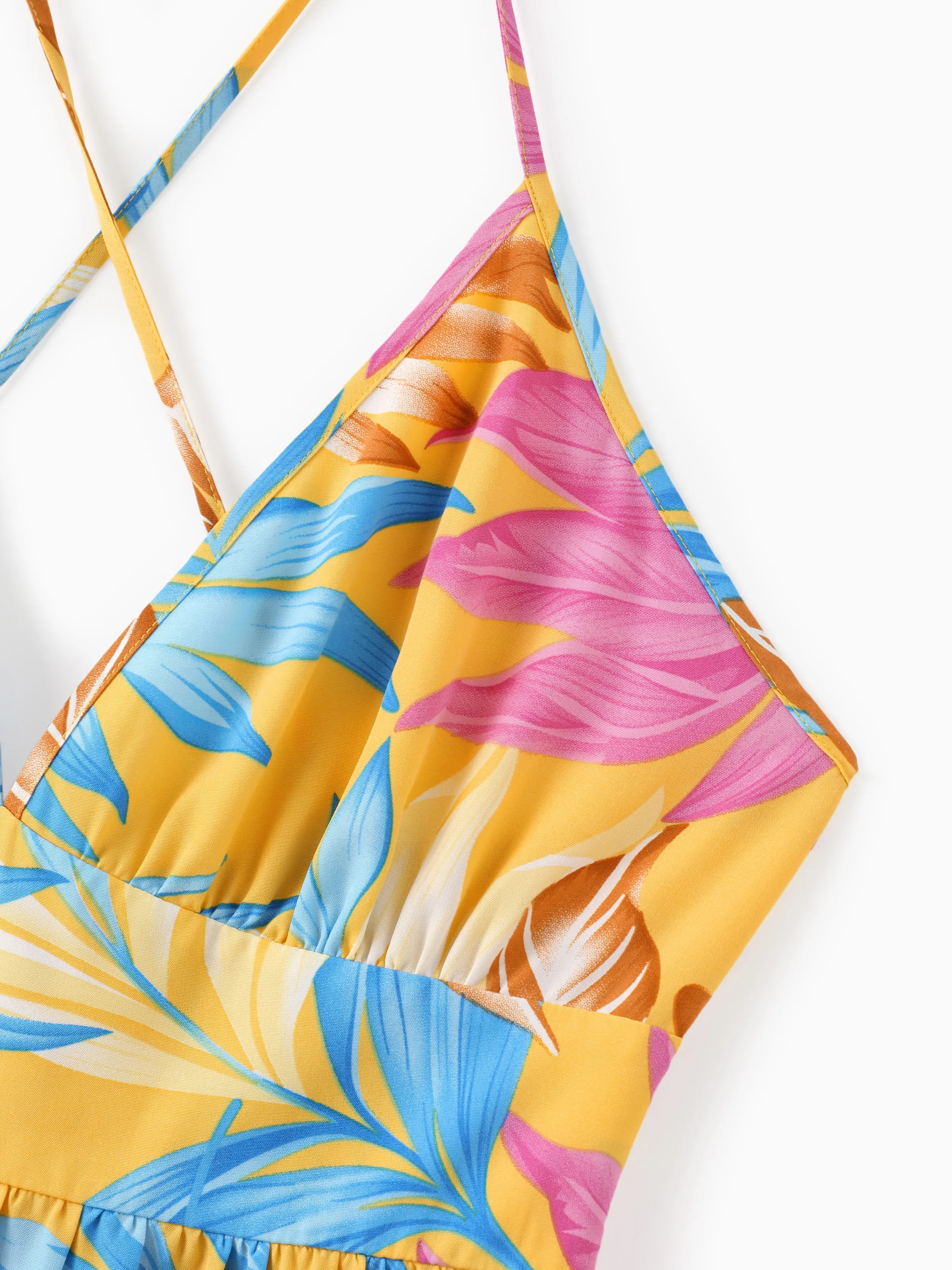 Mommy and Me Family Matching Yellow Set Tropical Leaf Print Short-sleeve Shirt or Strap Dress Yellow - Image 5