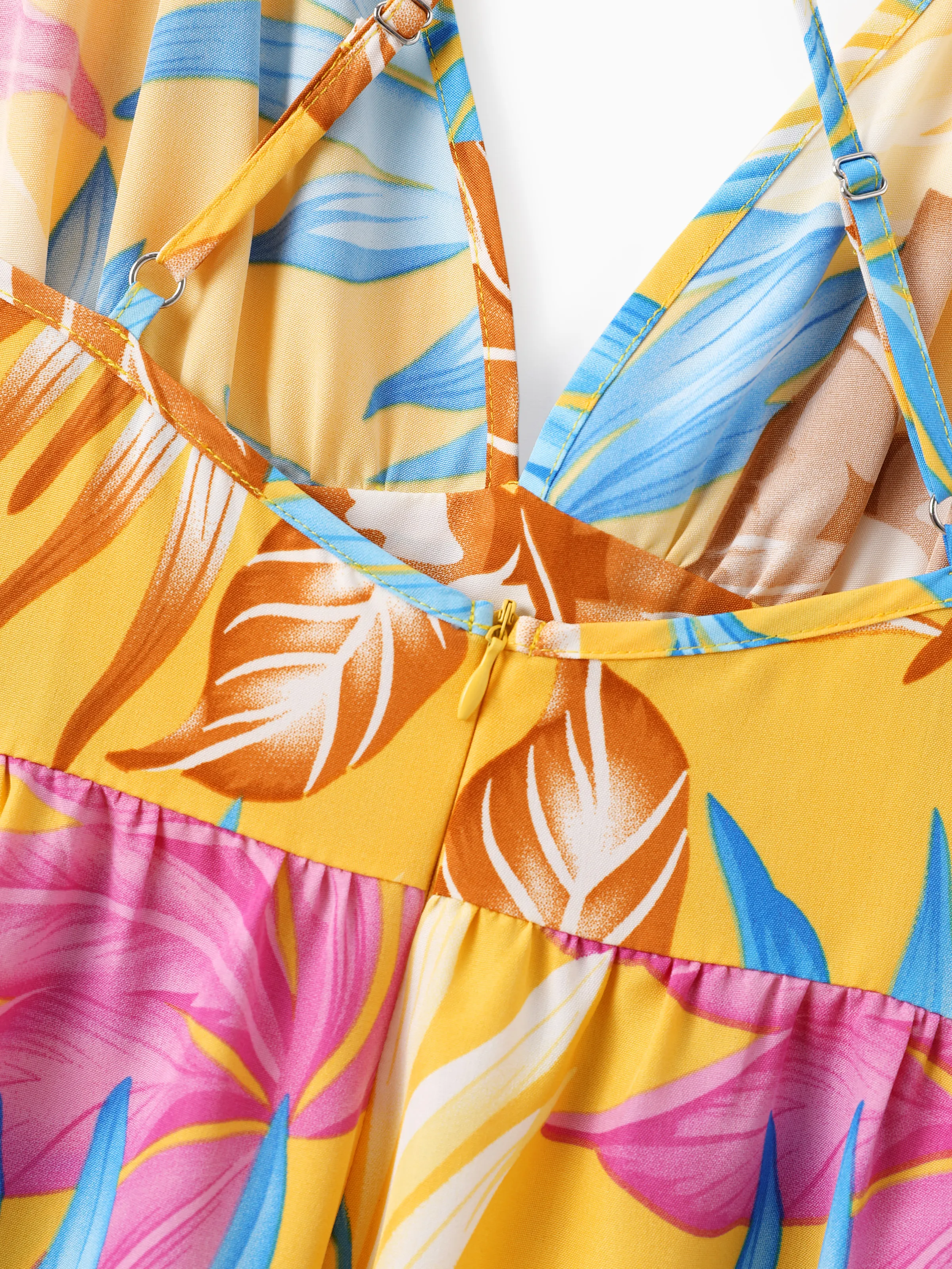 Mommy and Me Family Matching Yellow Set Tropical Leaf Print Short-sleeve Shirt or Strap Dress Yellow - Image 7