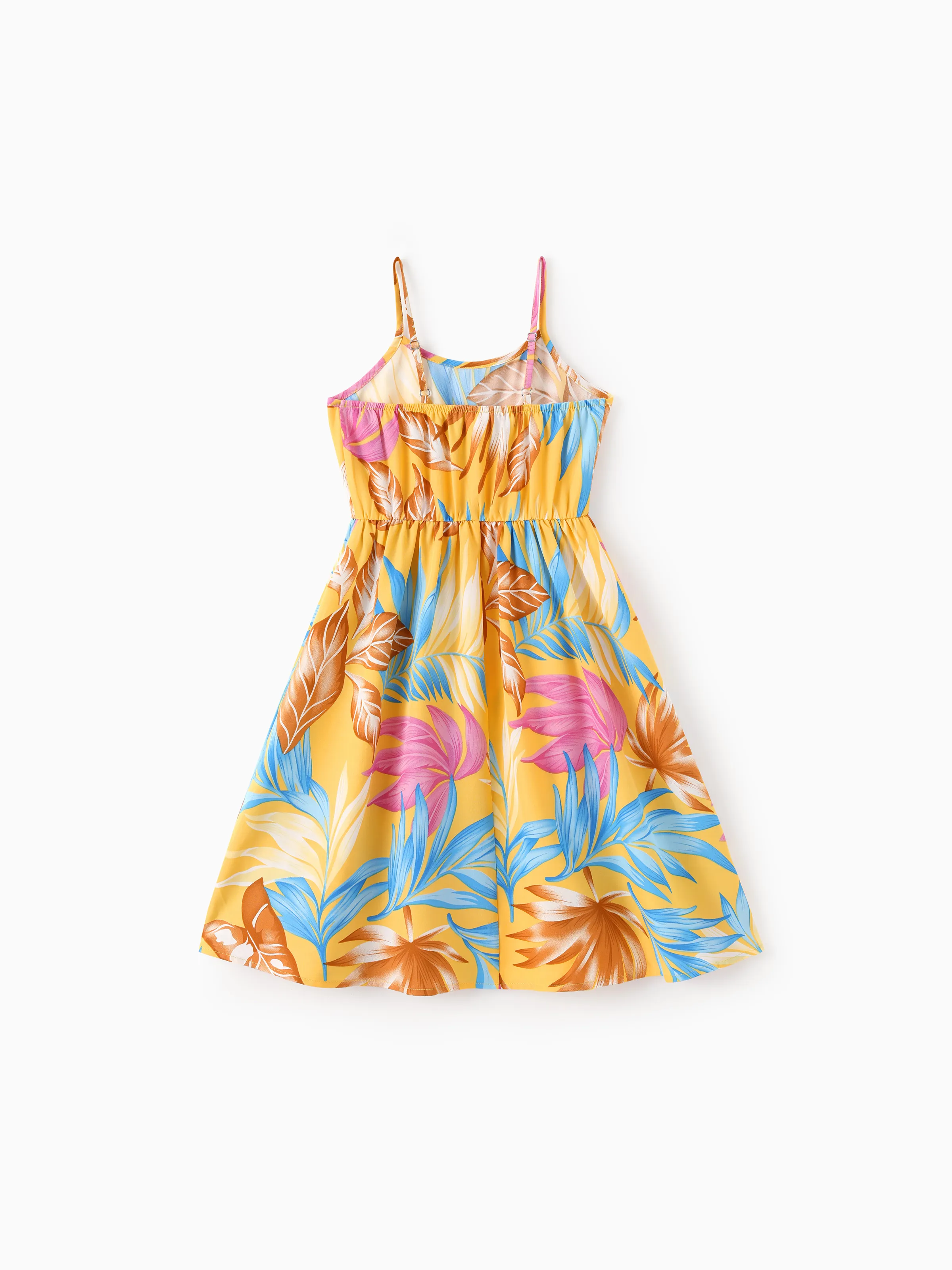 Mommy and Me Family Matching Yellow Set Tropical Leaf Print Short-sleeve Shirt or Strap Dress Yellow - Image 9