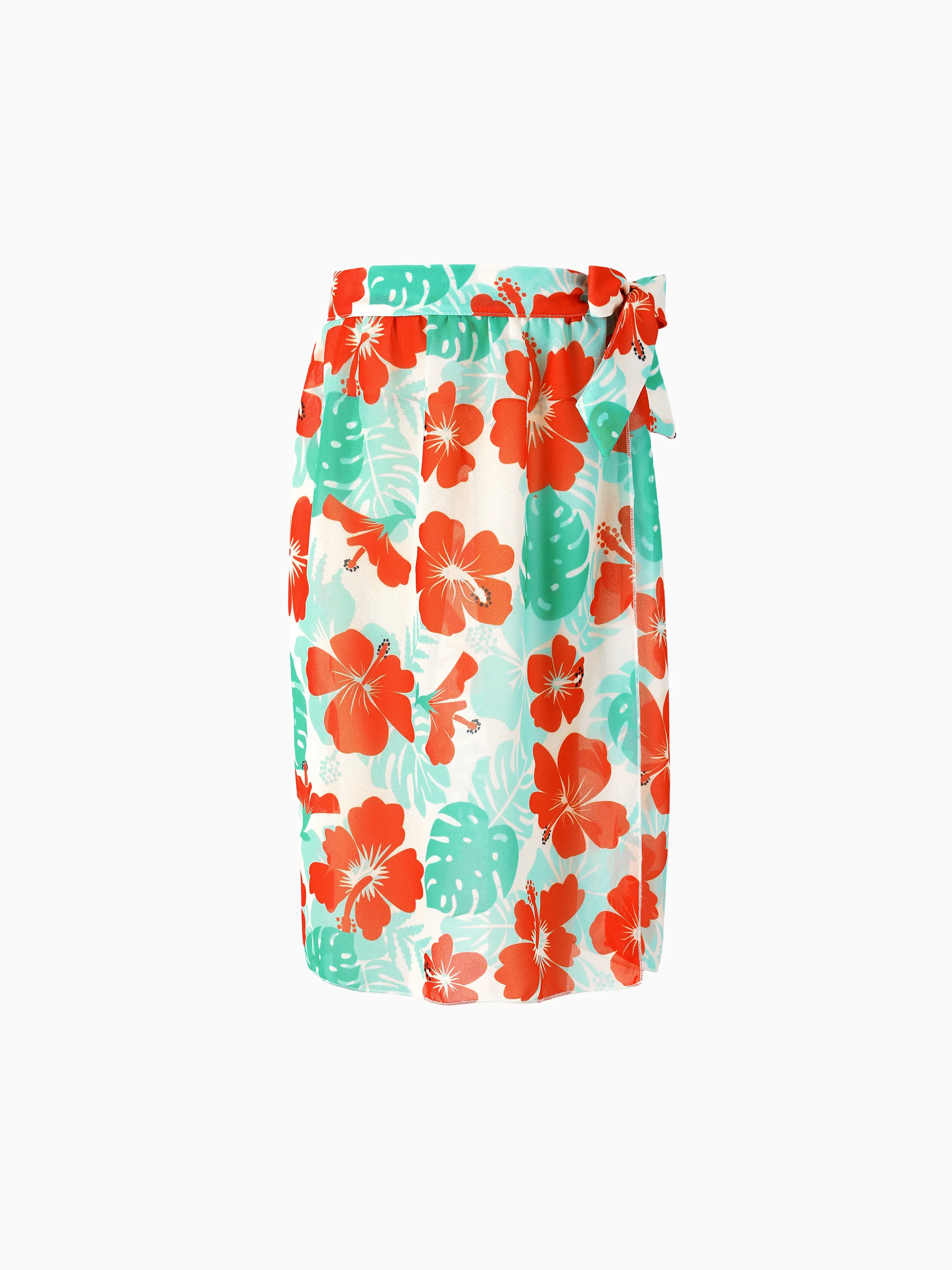 Mommy & Me Tropical Floral Print Ruffle Trim Bikini with Optional Beach Cover-Up Dress Orange - Image 12