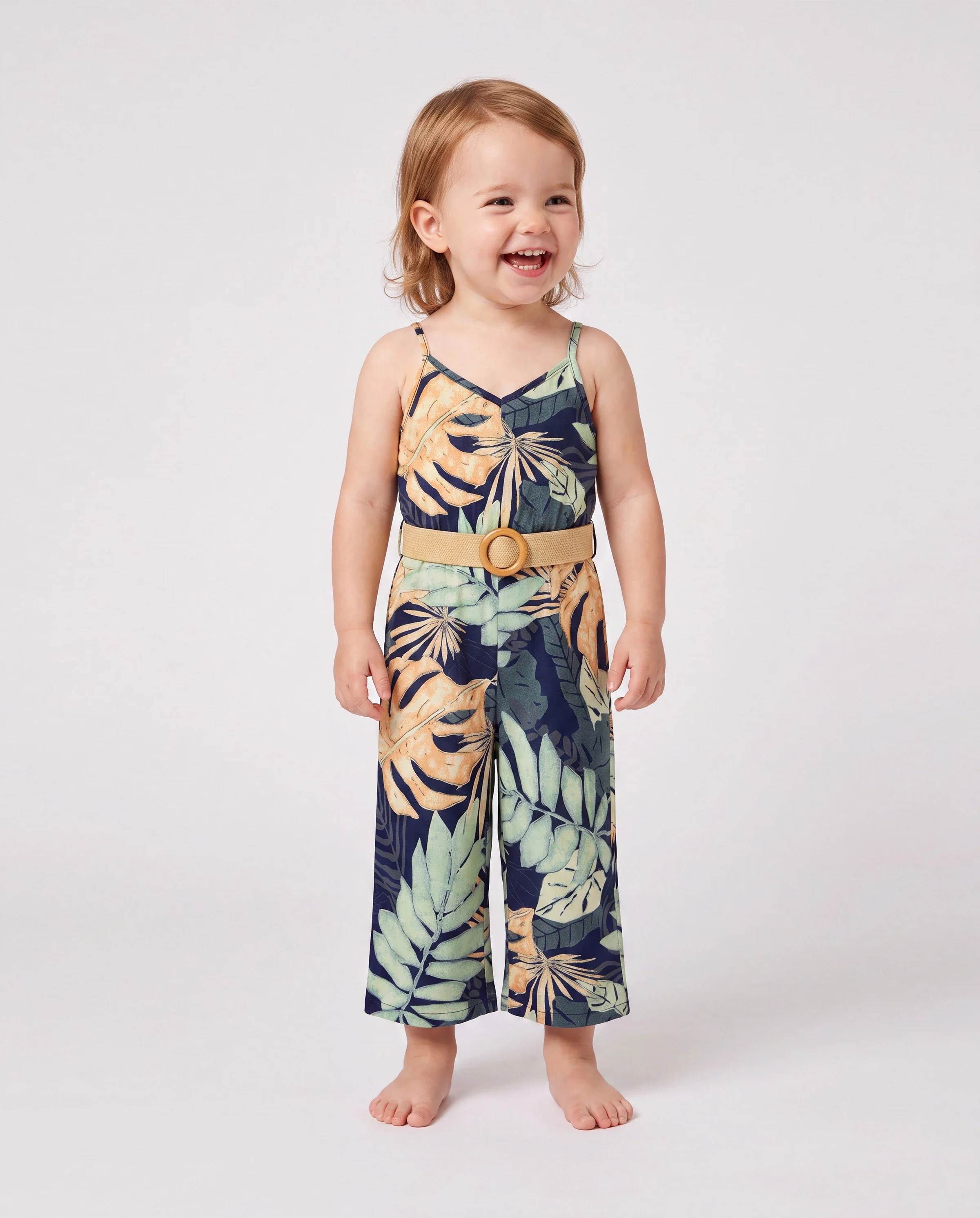 Mommy and Me Tropical Leaf Print Jumpsuit Set, Spaghetti Strap Belted Matching Outfits for Summer Beach Vacation Tibetan blue - Image 3