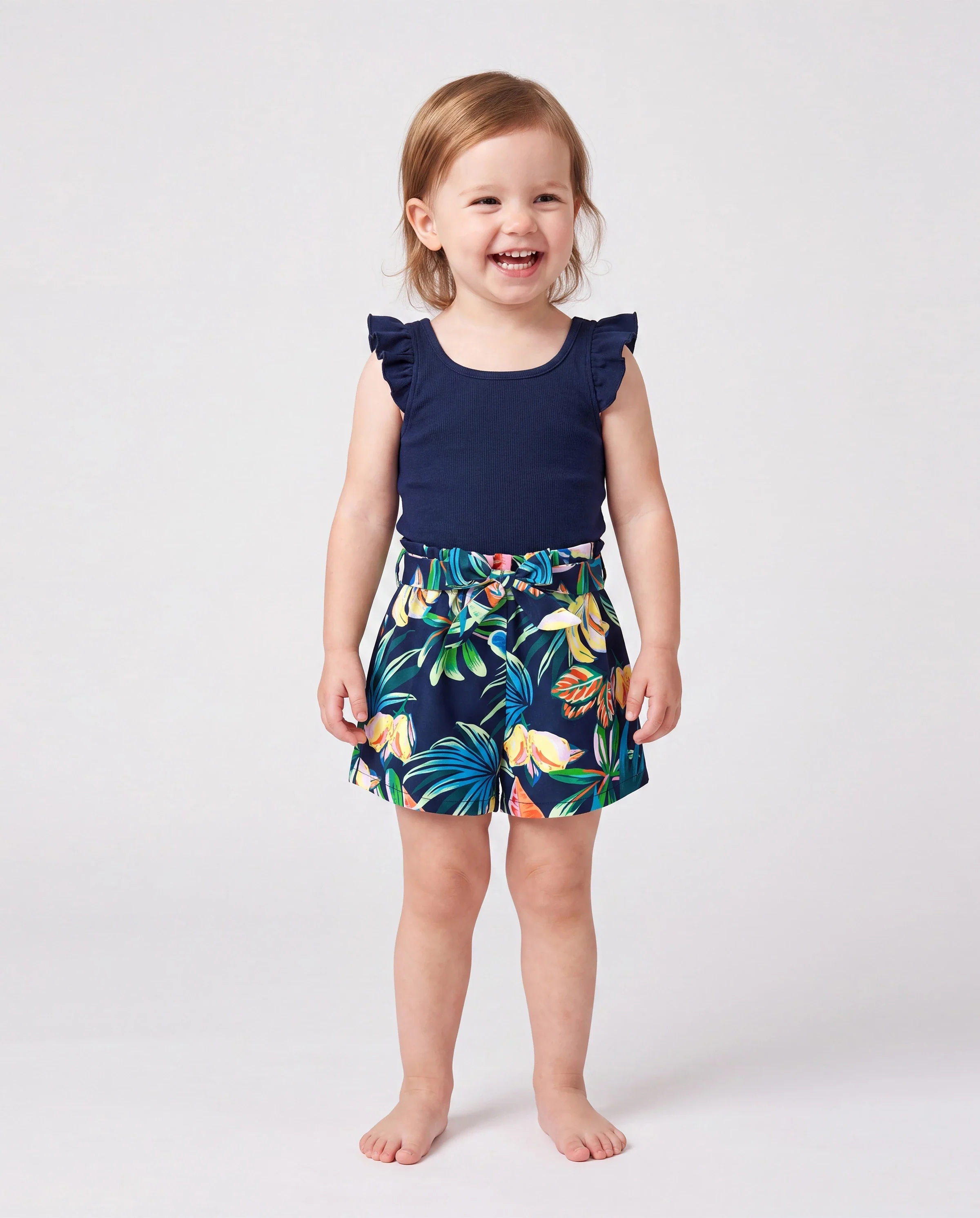 Mommy and Me Tropical Leaves Print Sleeveless Rompers with Belted Shorts Matching Set Deep Blue - Image 3