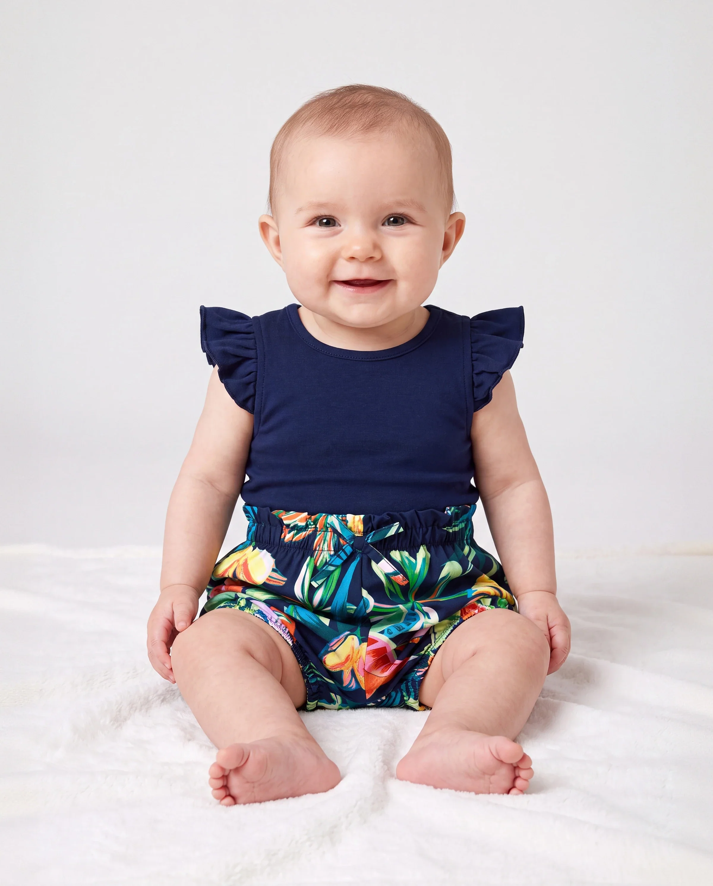 Mommy and Me Tropical Leaves Print Sleeveless Rompers with Belted Shorts Matching Set Deep Blue - Image 4