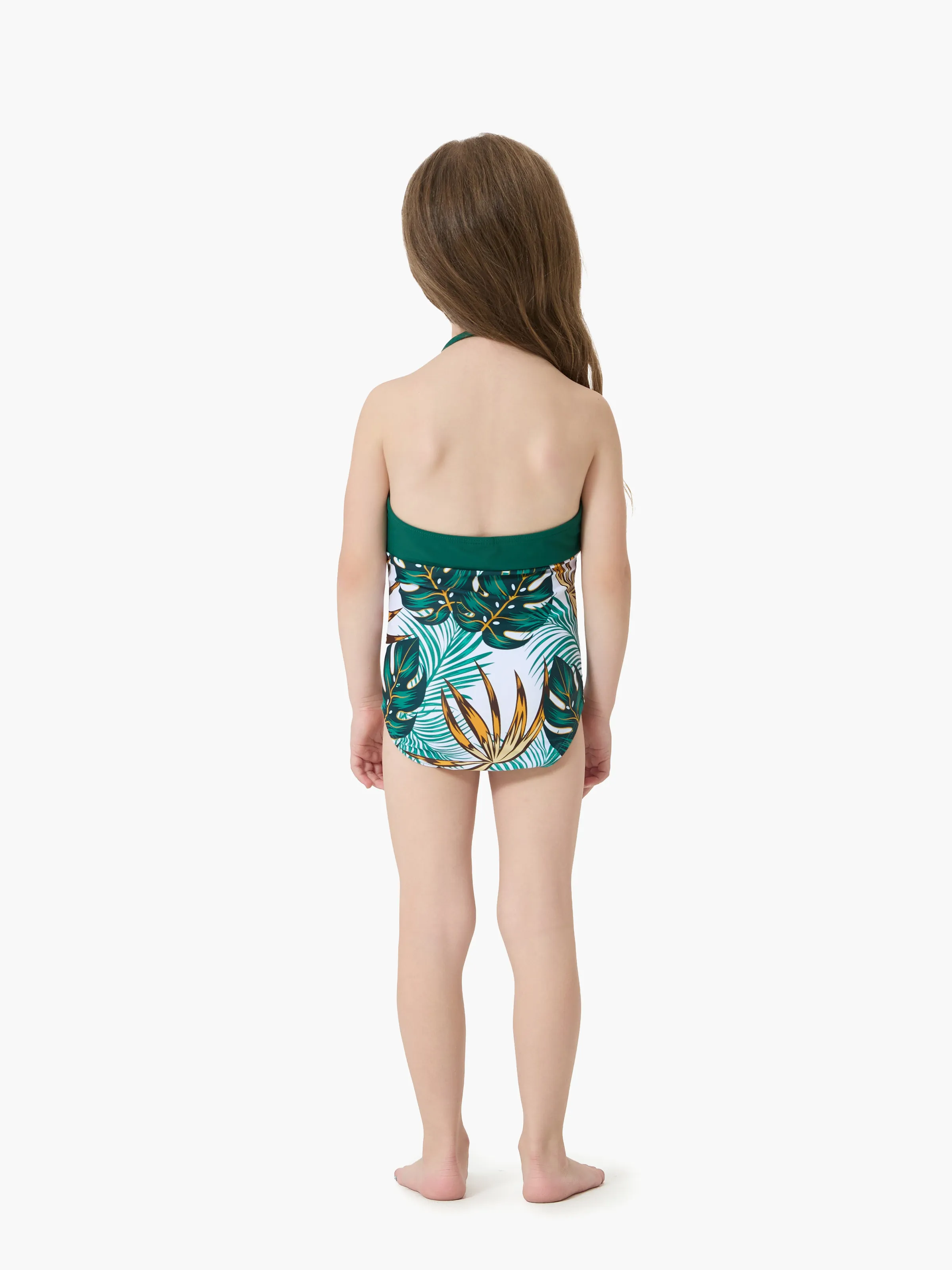 Mommy & me Allover Plants Print V Neck Spaghetti Strap Splicing One-Piece Swimsuit Dark Green - Image 9