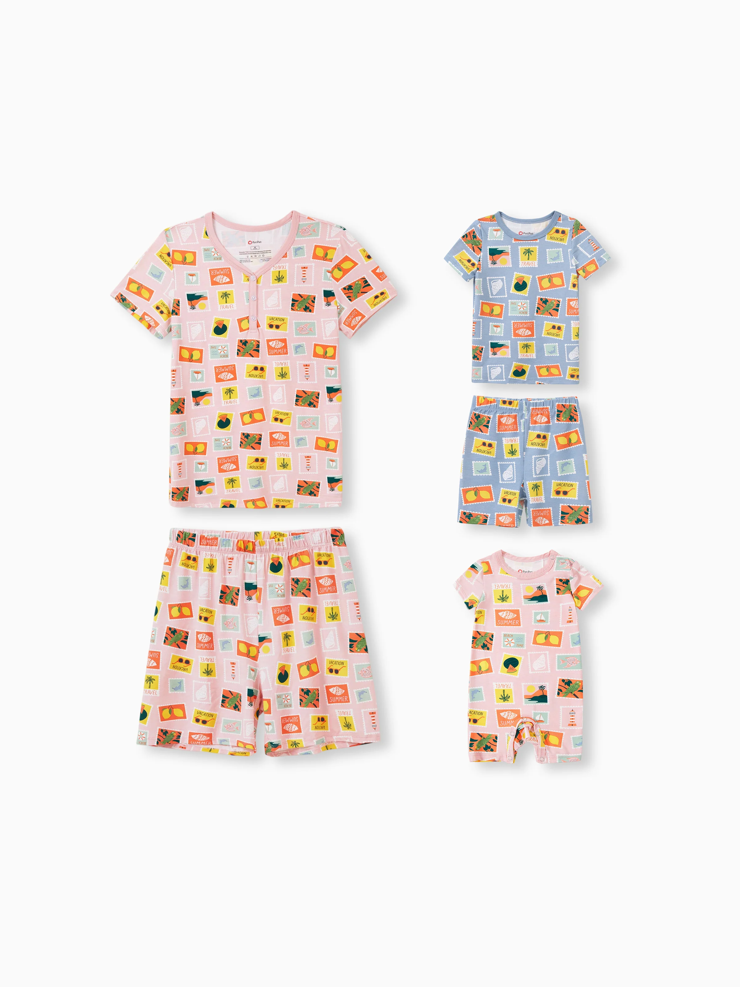 Mommy & me Bamboo Family Pajamas Vacation Theme Print Short-sleeve Matching Pajama set (Snug-Fitting for Children) Color block