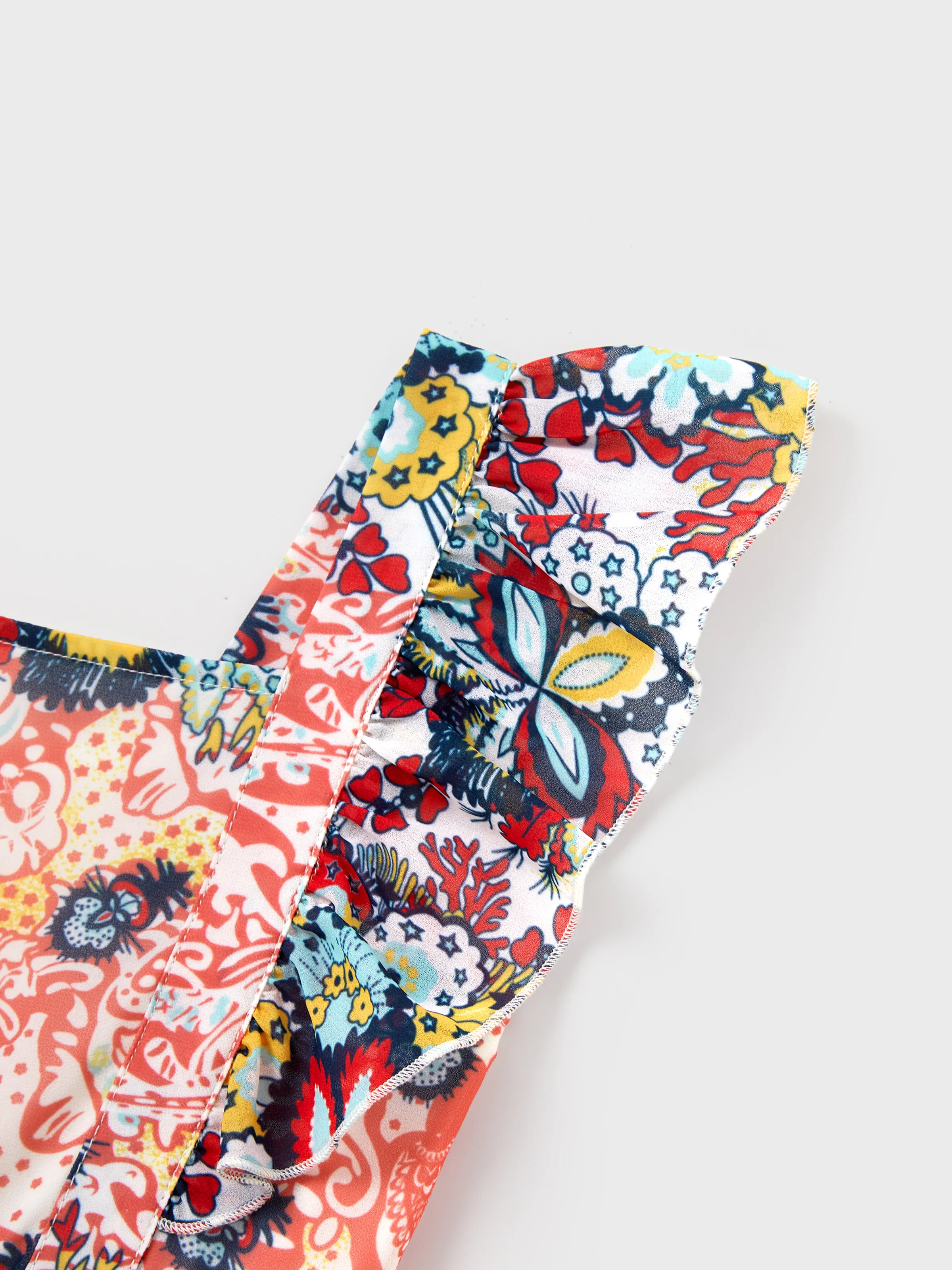 Mommy & me Casual Outfit Colorblock Polo Collar T-shirt or Floral Print Flutter Sleeveless Dress Set Orange red - Image 11