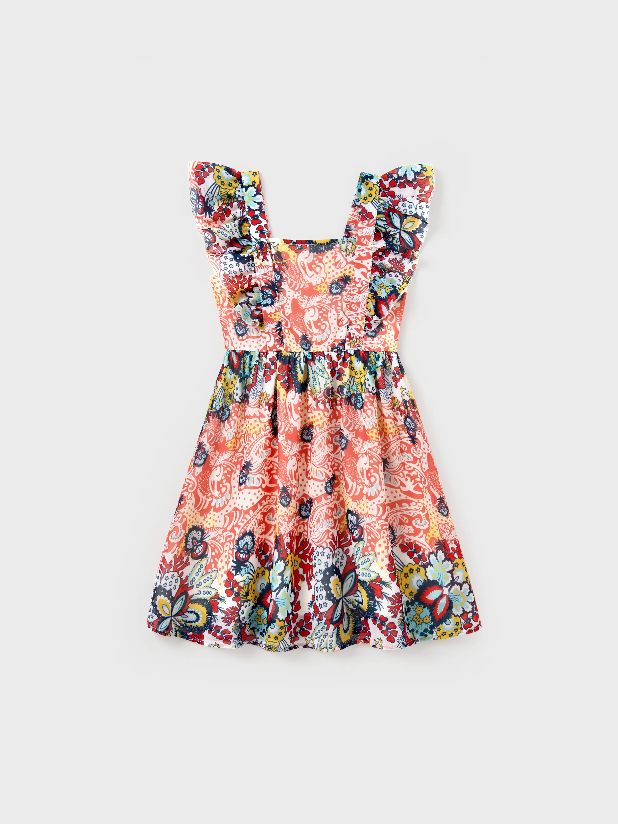 Mommy & me Casual Outfit Colorblock Polo Collar T-shirt or Floral Print Flutter Sleeveless Dress Set Orange red - Image 8