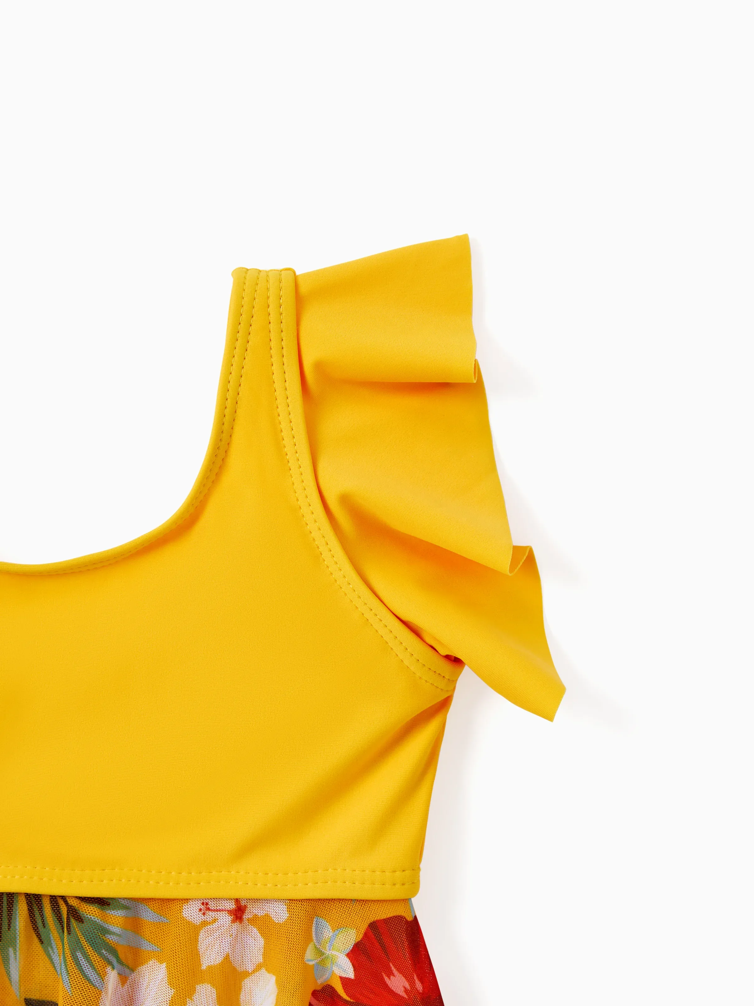 Mommy & me Floral Drawstring Flowy Spliced Mesh Swim Dress with Triangle Swim Bottom Yellow - Image 10
