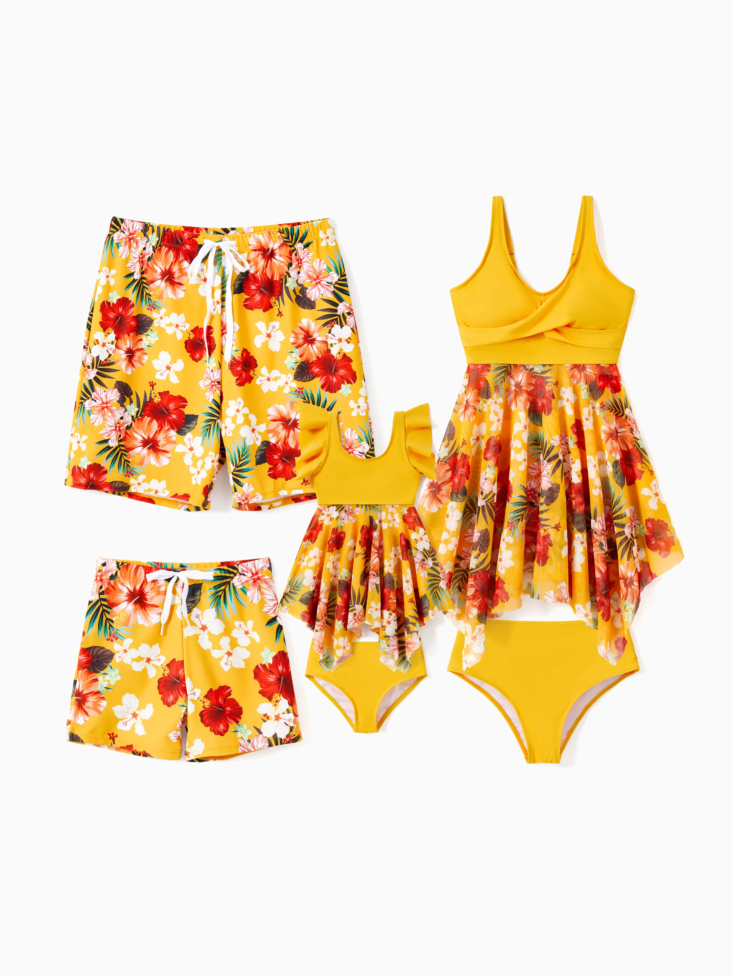 Mommy & me Floral Drawstring Flowy Spliced Mesh Swim Dress with Triangle Swim Bottom Yellow - Image 2