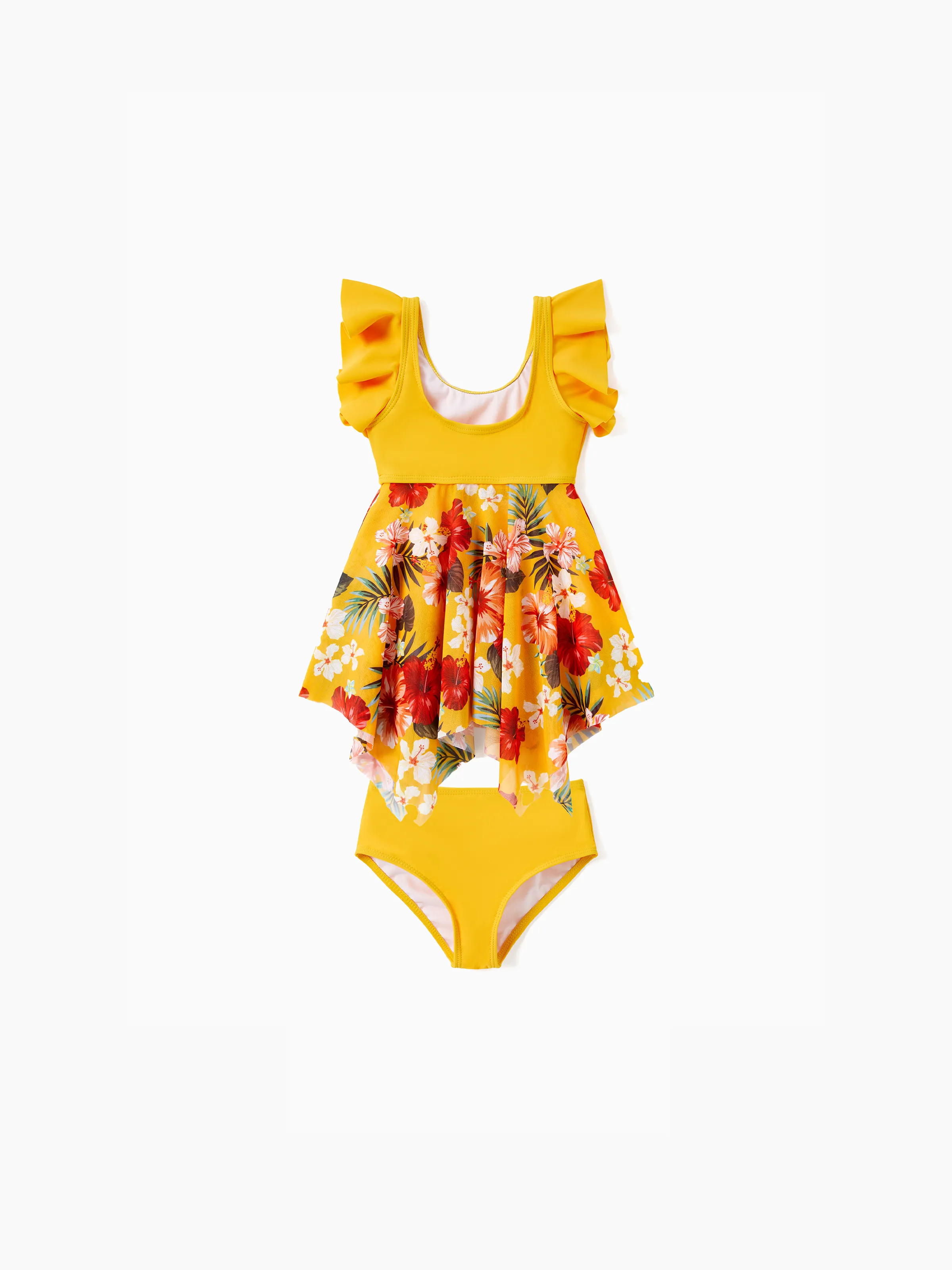 Mommy & me Floral Drawstring Flowy Spliced Mesh Swim Dress with Triangle Swim Bottom Yellow - Image 9