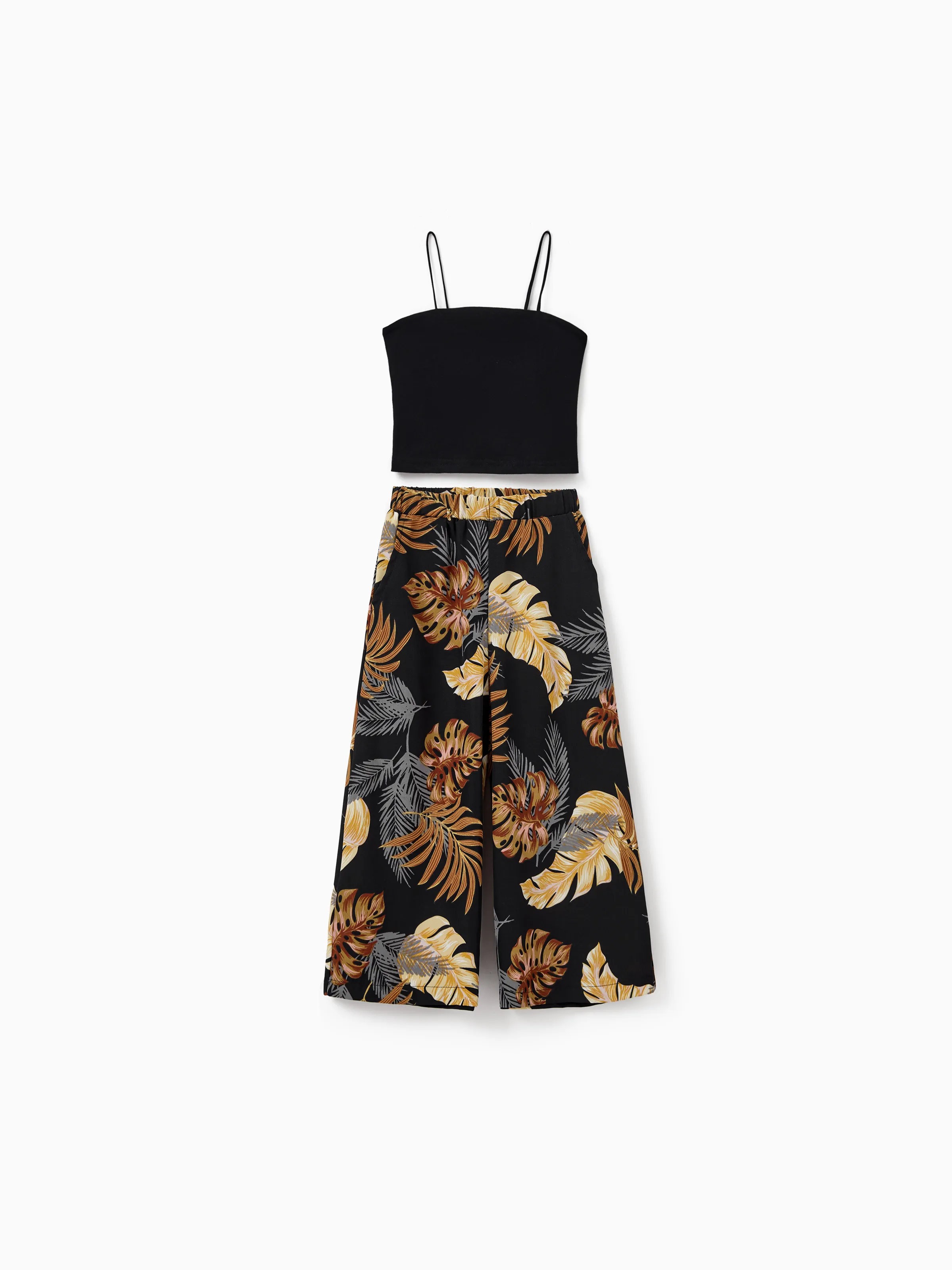 Mommy & me Floral Print Beach Wear Camisole top and Wide-Leg Pants Set for Summer Vacation Family Looks Black+White - Image 13