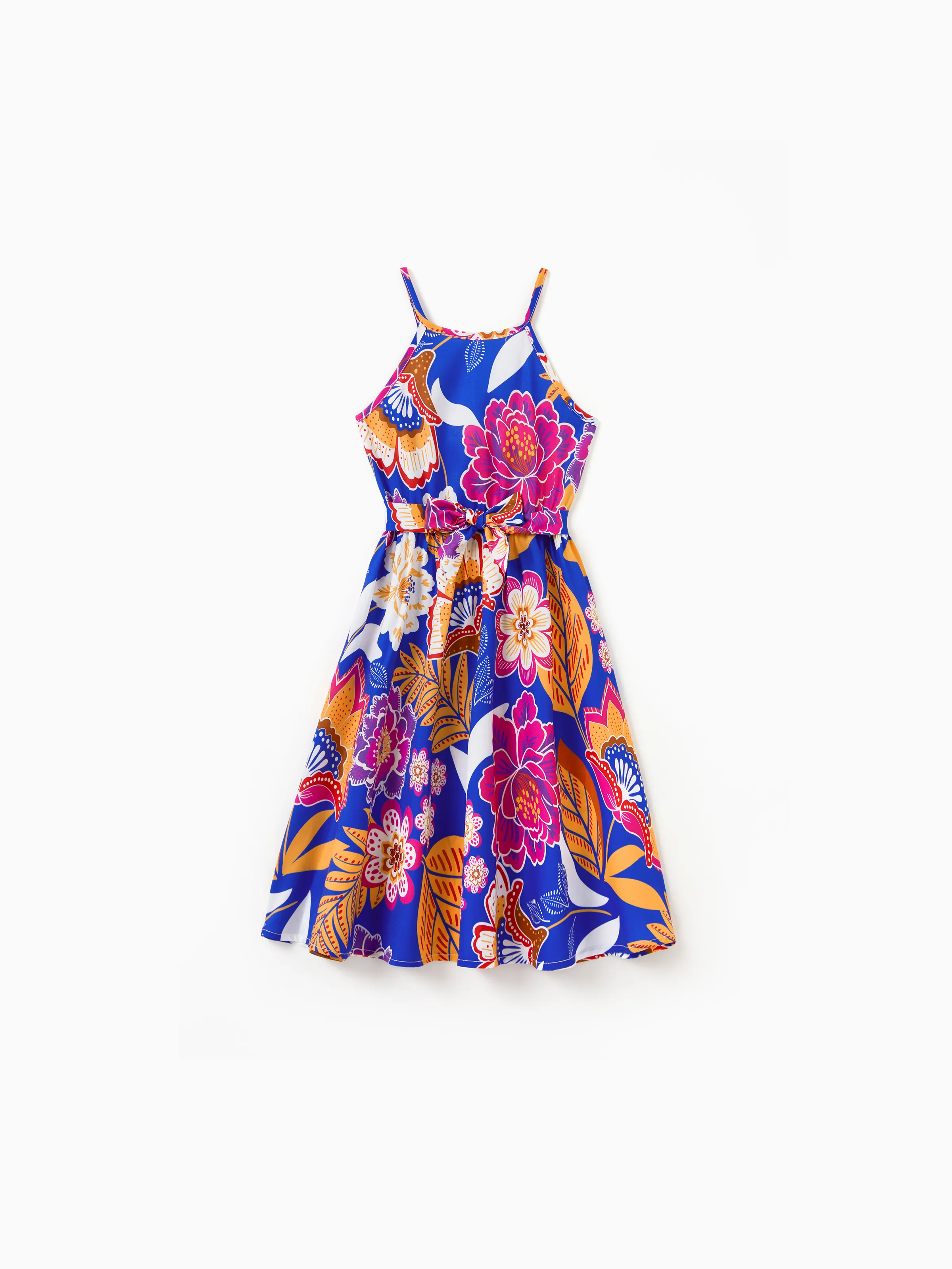Mommy & me Hawaiian Outfits Tropical Floral Print Vacation Clothes Strap Belted Dress Navy - Image 8