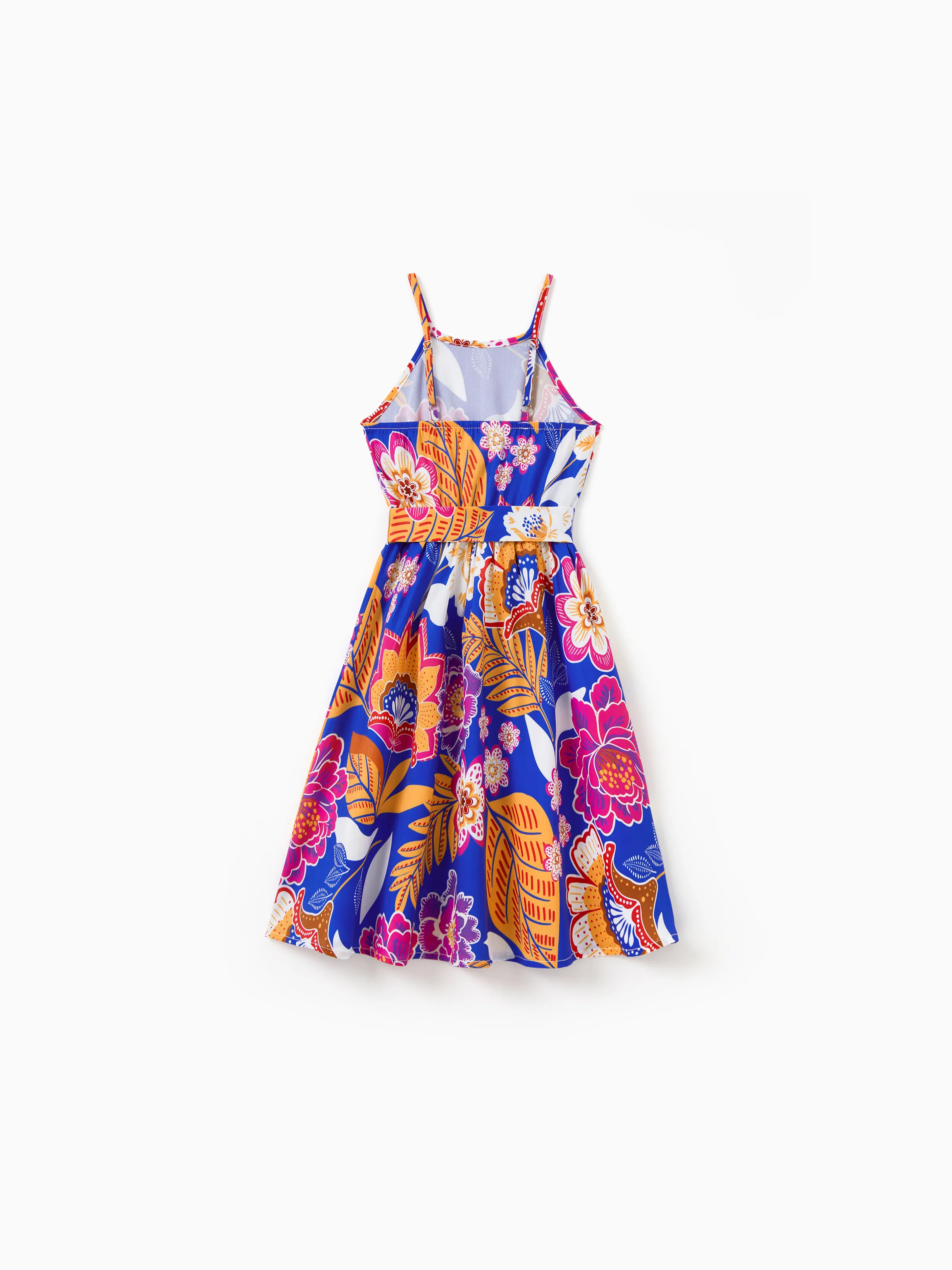 Mommy & me Hawaiian Outfits Tropical Floral Print Vacation Clothes Strap Belted Dress Navy - Image 9