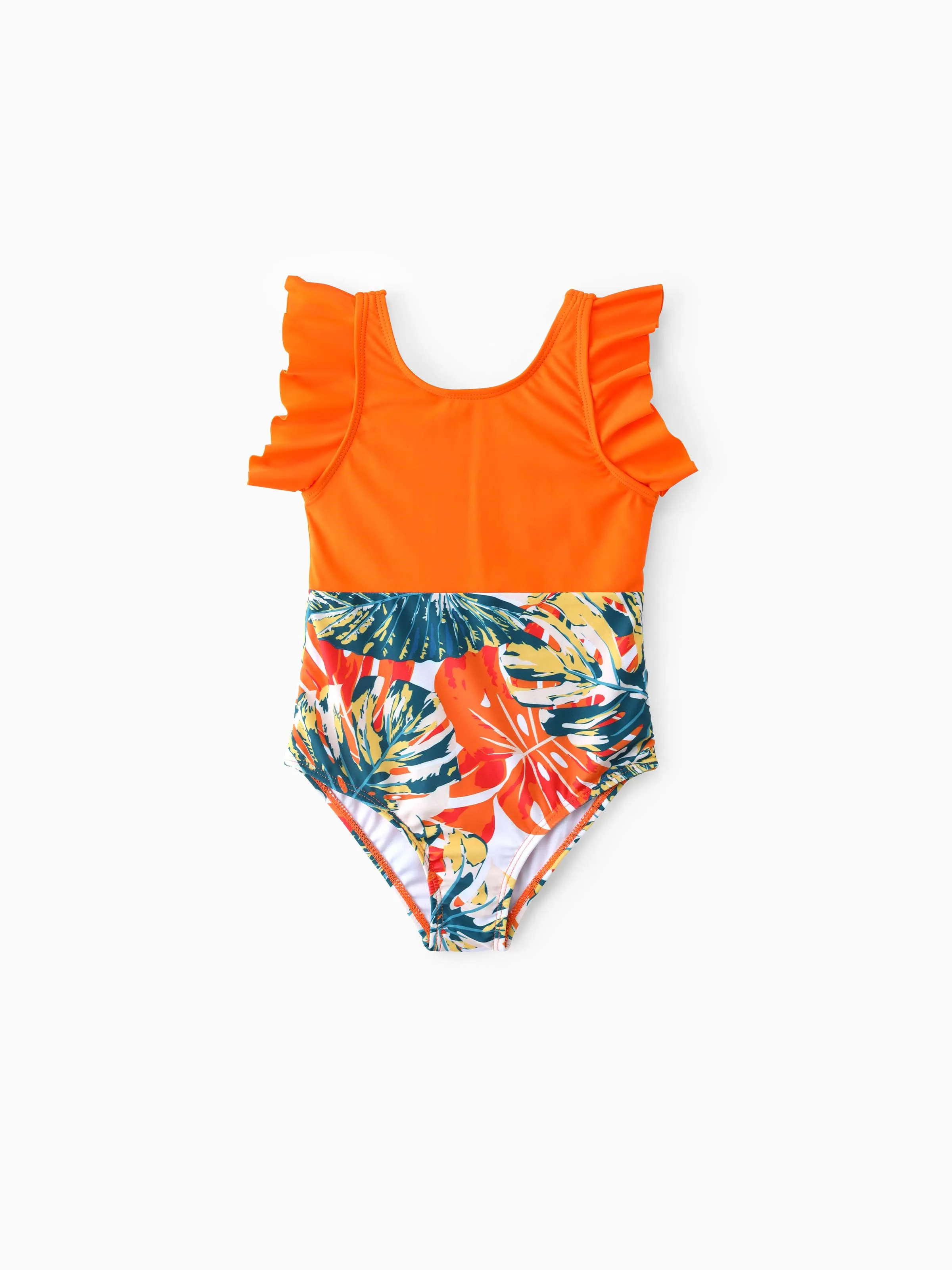 Mommy & me Orange and All Over Tropical Plant Print Splicing Ruffle One-Piece Swimsuit Orange color - Image 8