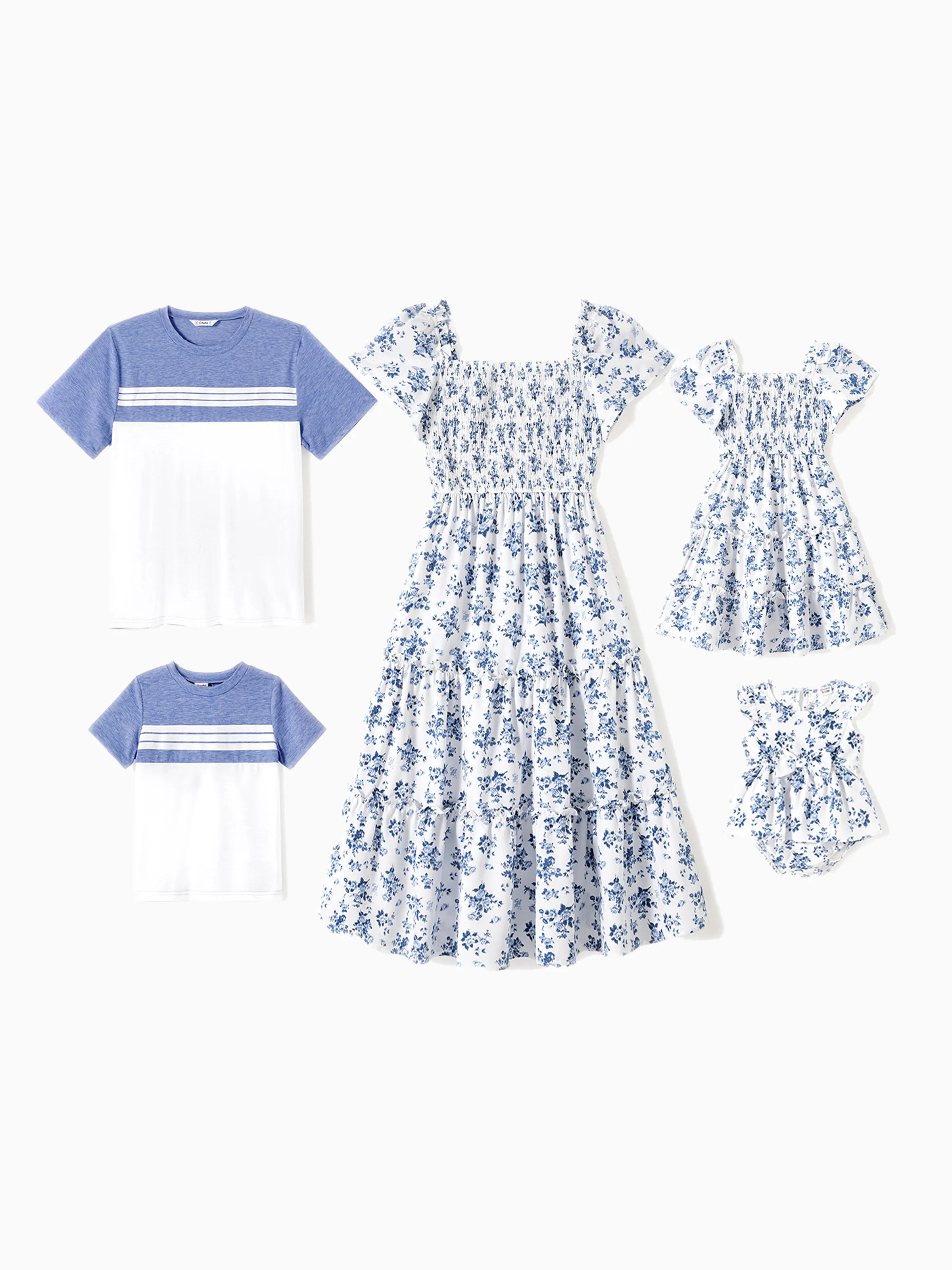 Mommy & me Outfit: Floral Smocking Casual Suit BLUEWHITE - Image 2