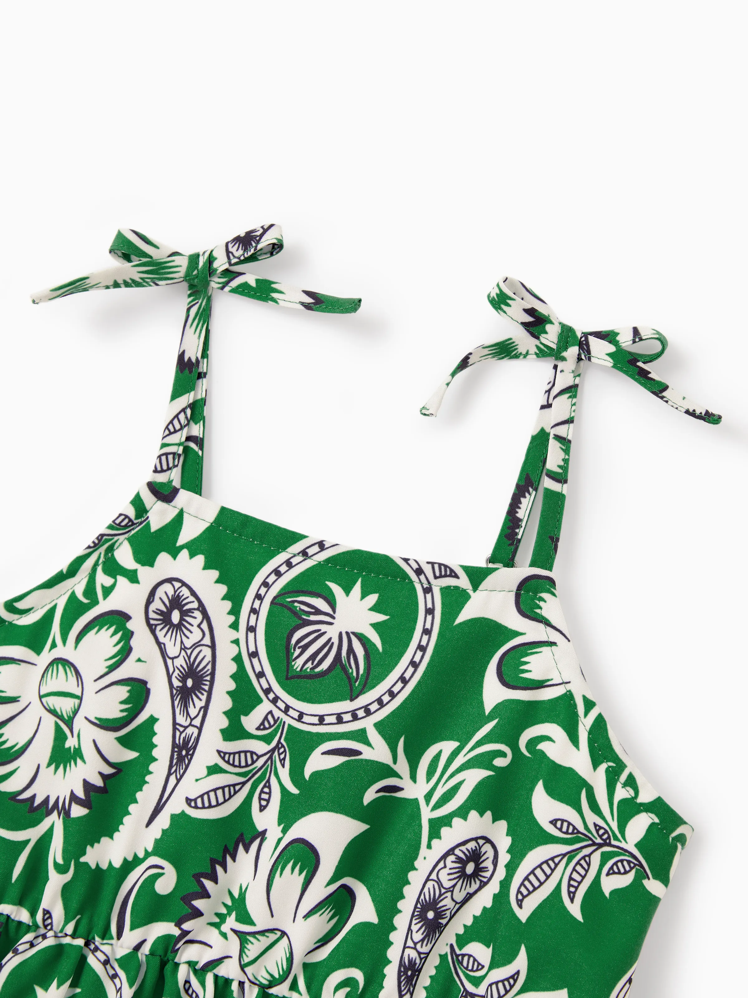 Mommy & me Outfits Set Floral Print Short-sleeve Collar Shirt or Strappy Smocked Dress for Summer Vacation Green - Image 20