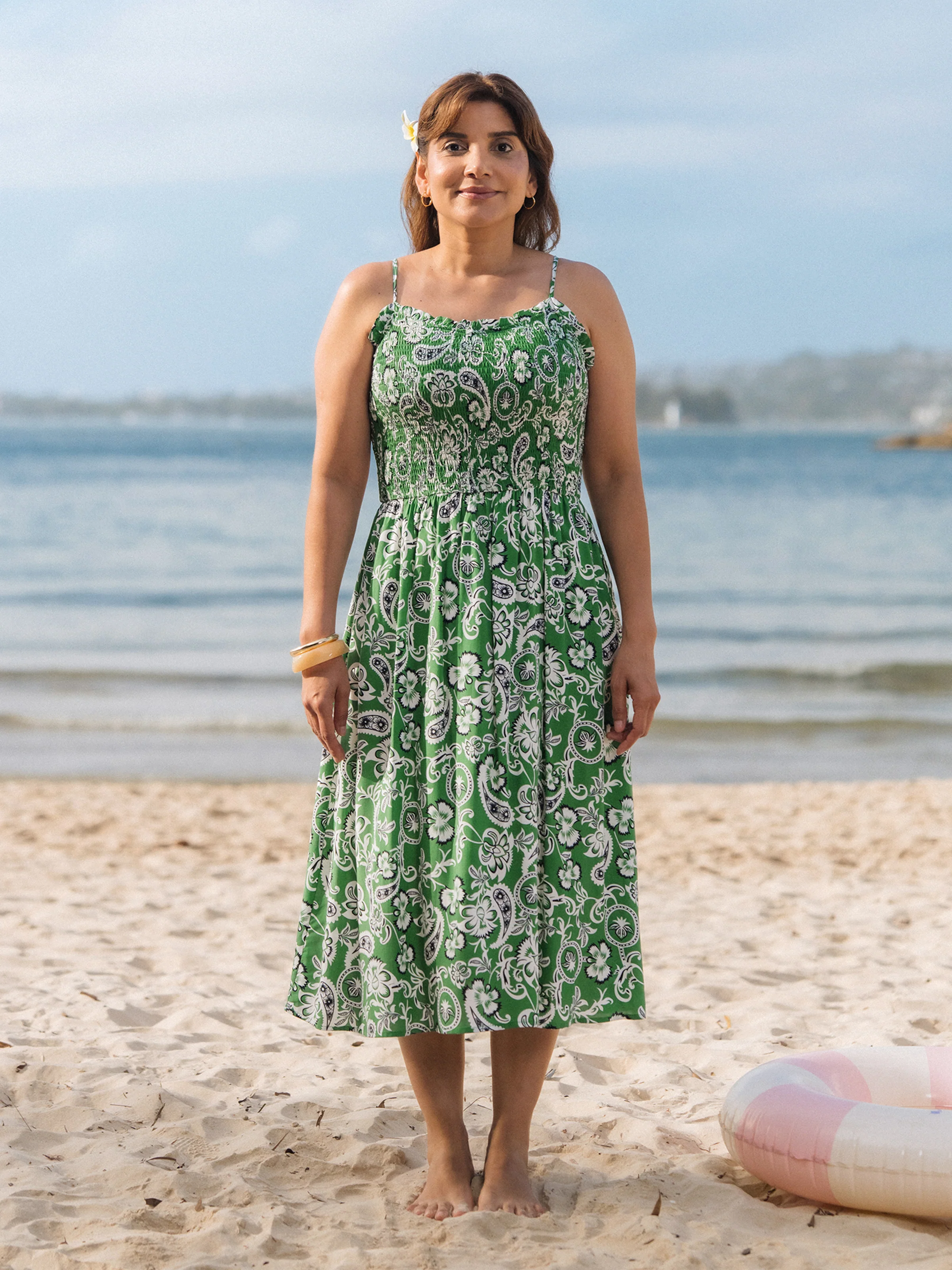 Mommy & me Outfits Set Floral Print Short-sleeve Collar Shirt or Strappy Smocked Dress for Summer Vacation Green - Image 4