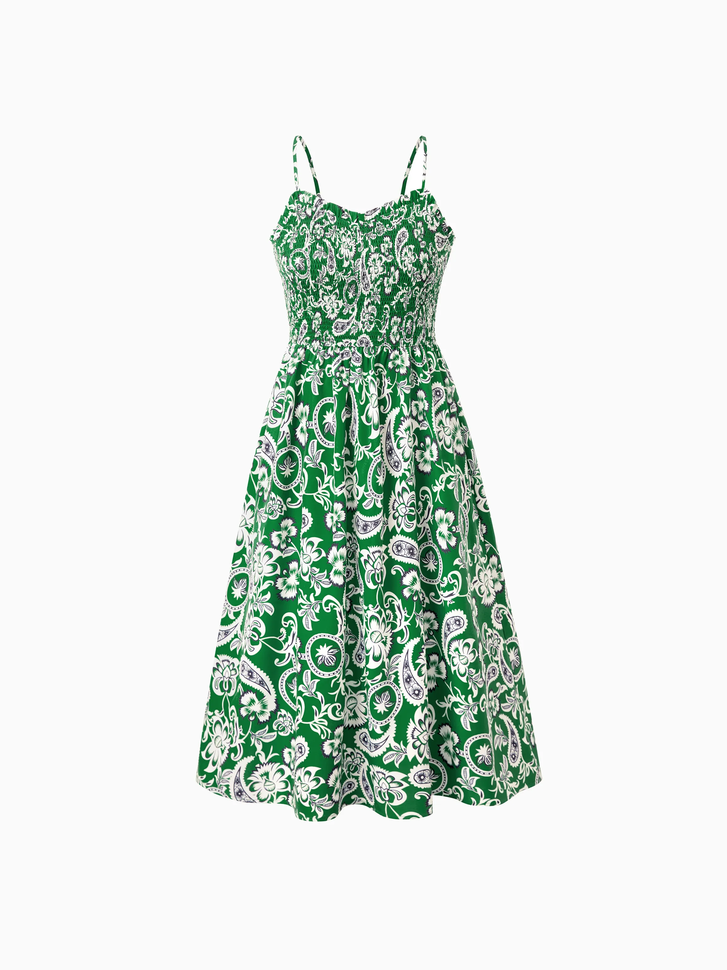 Mommy & me Outfits Set Floral Print Short-sleeve Collar Shirt or Strappy Smocked Dress for Summer Vacation Green - Image 6