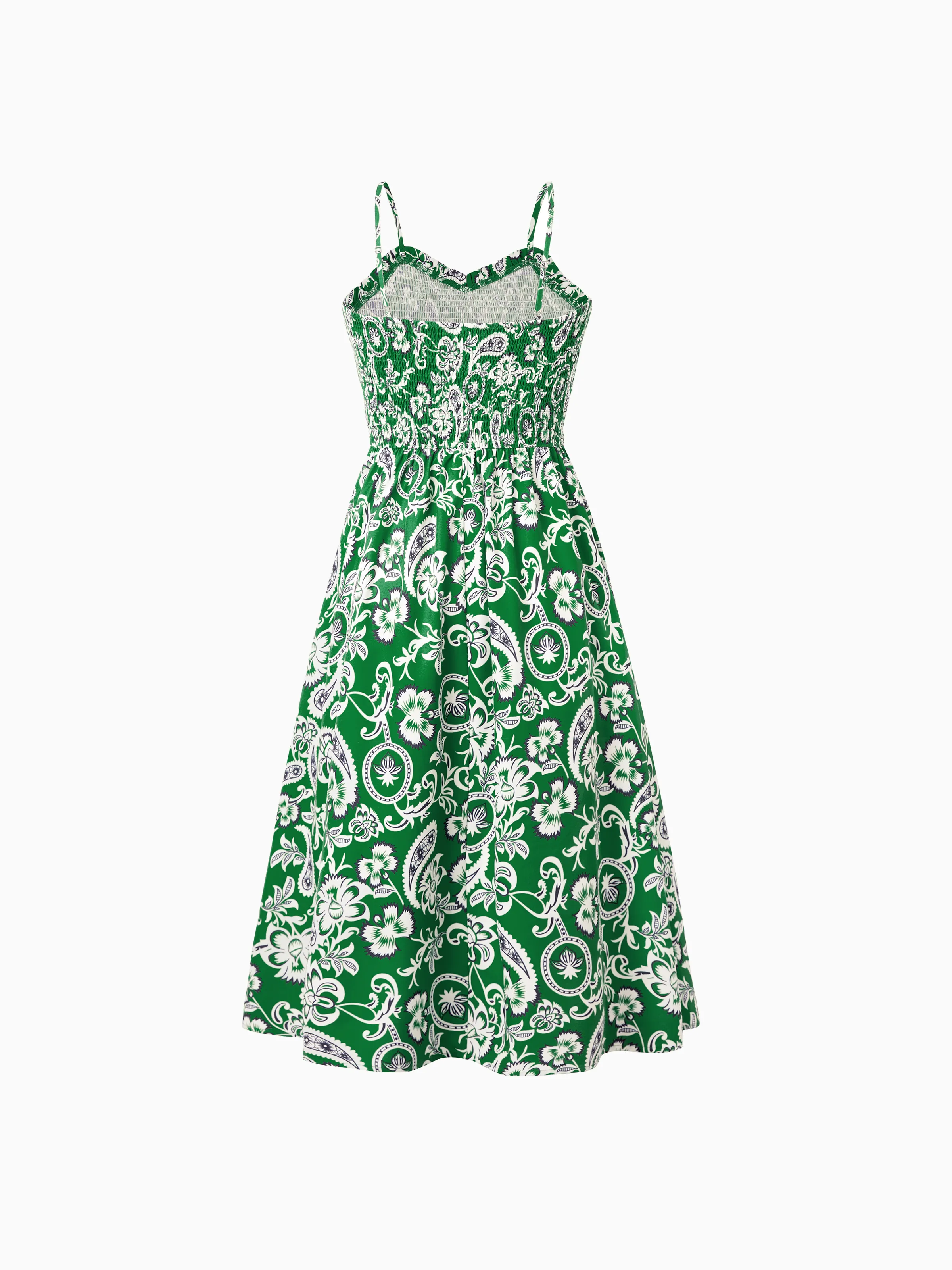 Mommy & me Outfits Set Floral Print Short-sleeve Collar Shirt or Strappy Smocked Dress for Summer Vacation Green - Image 7