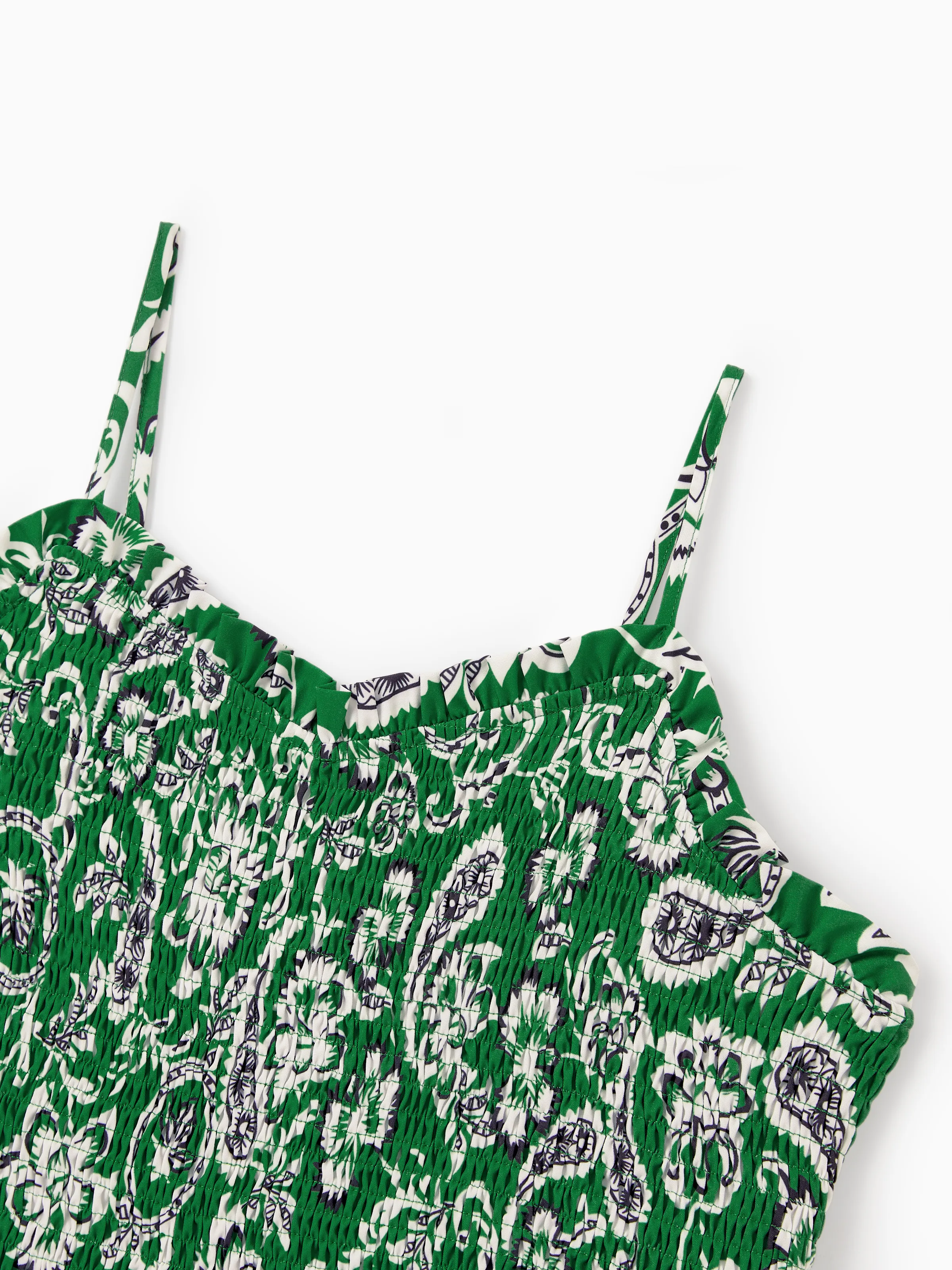 Mommy & me Outfits Set Floral Print Short-sleeve Collar Shirt or Strappy Smocked Dress for Summer Vacation Green - Image 8