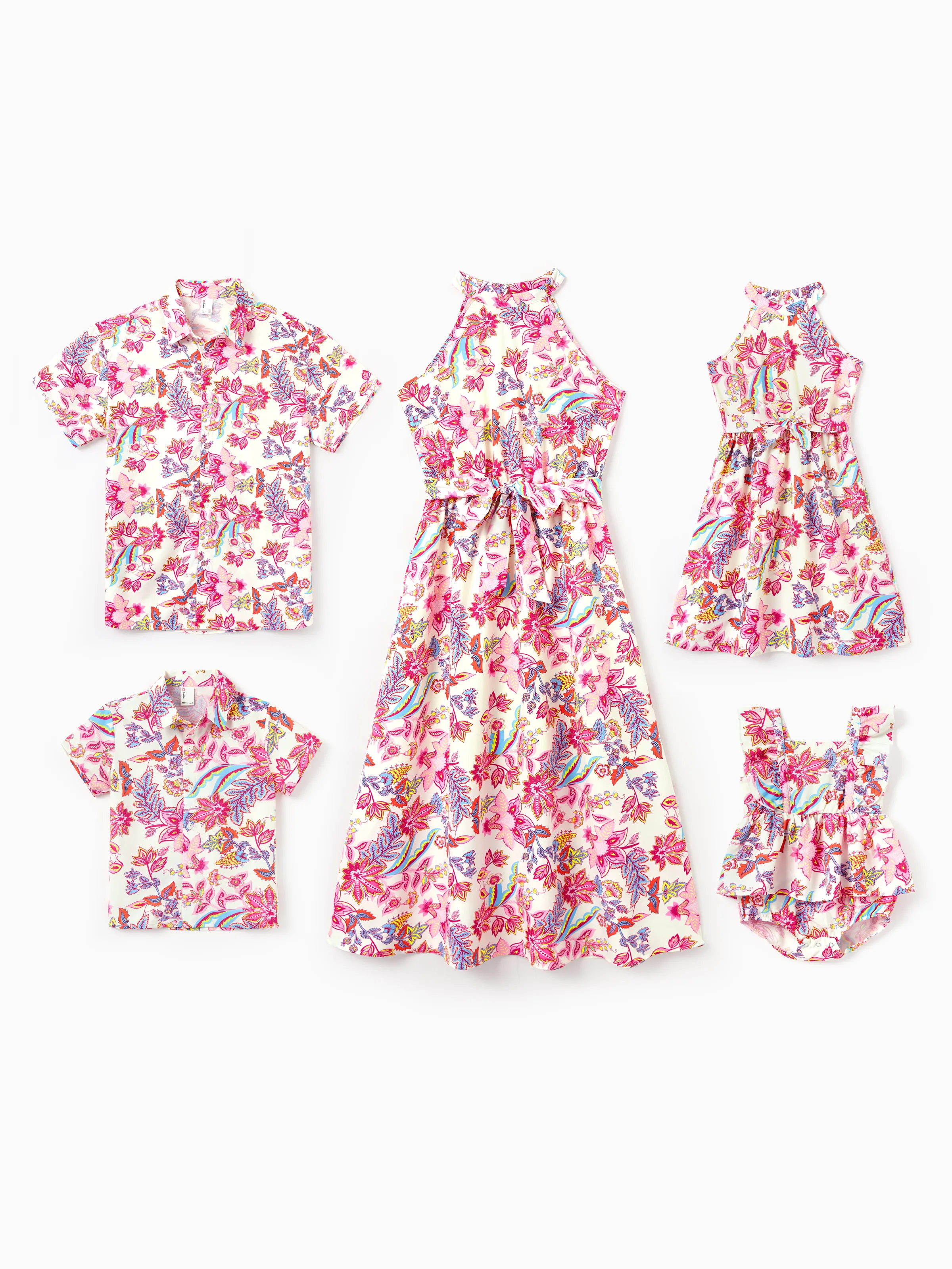 Mommy & me Outfits Set Tropical Flora Print Short-sleeve Collar Shirt or Halter Belted Dress for Summer Vacation Beige - Image 2