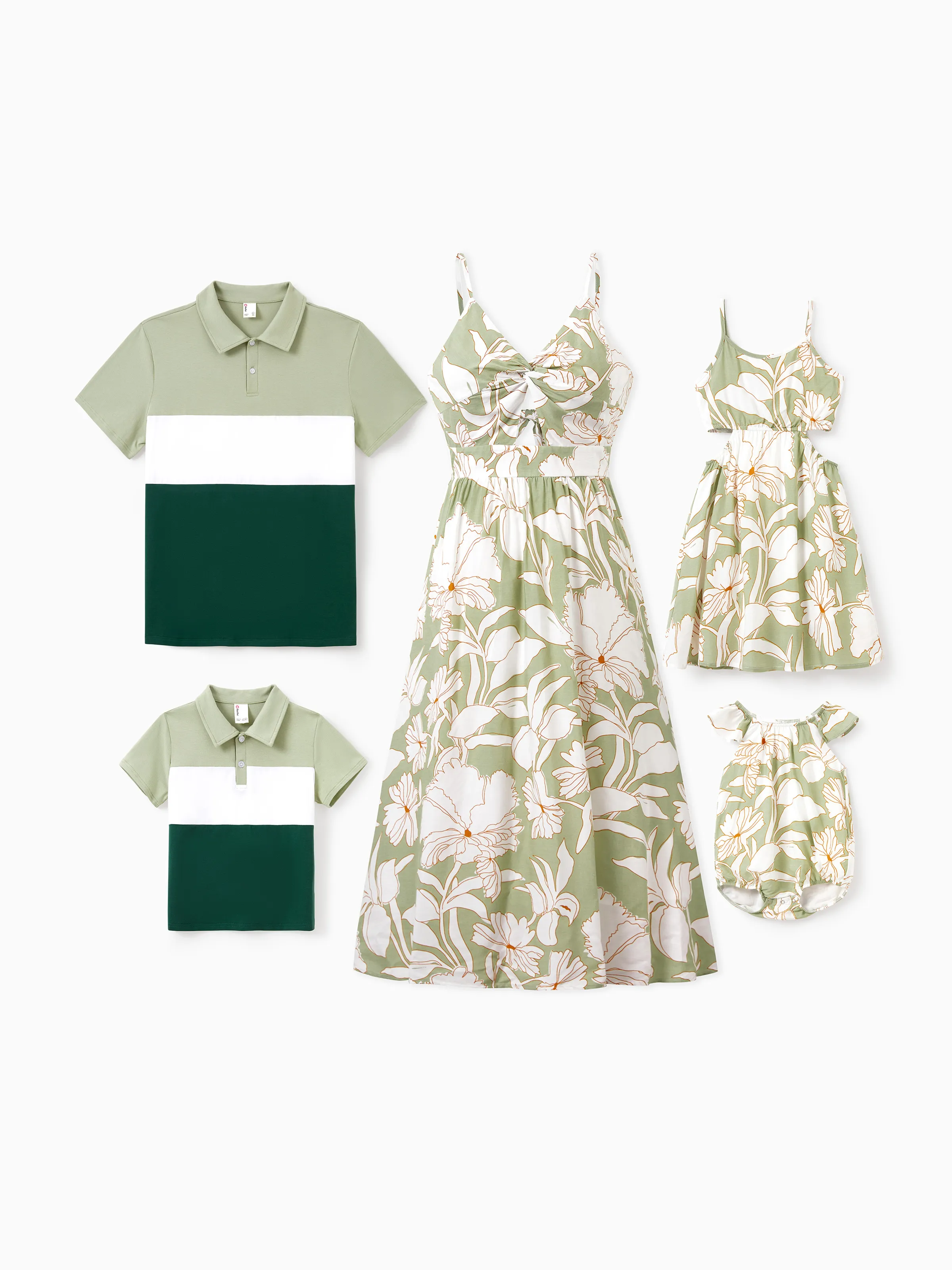Mommy & me Outfits Tropical Floral Print Strap Dress or Short-sleeve Colorblock Shirts Set Pale Green - Image 3