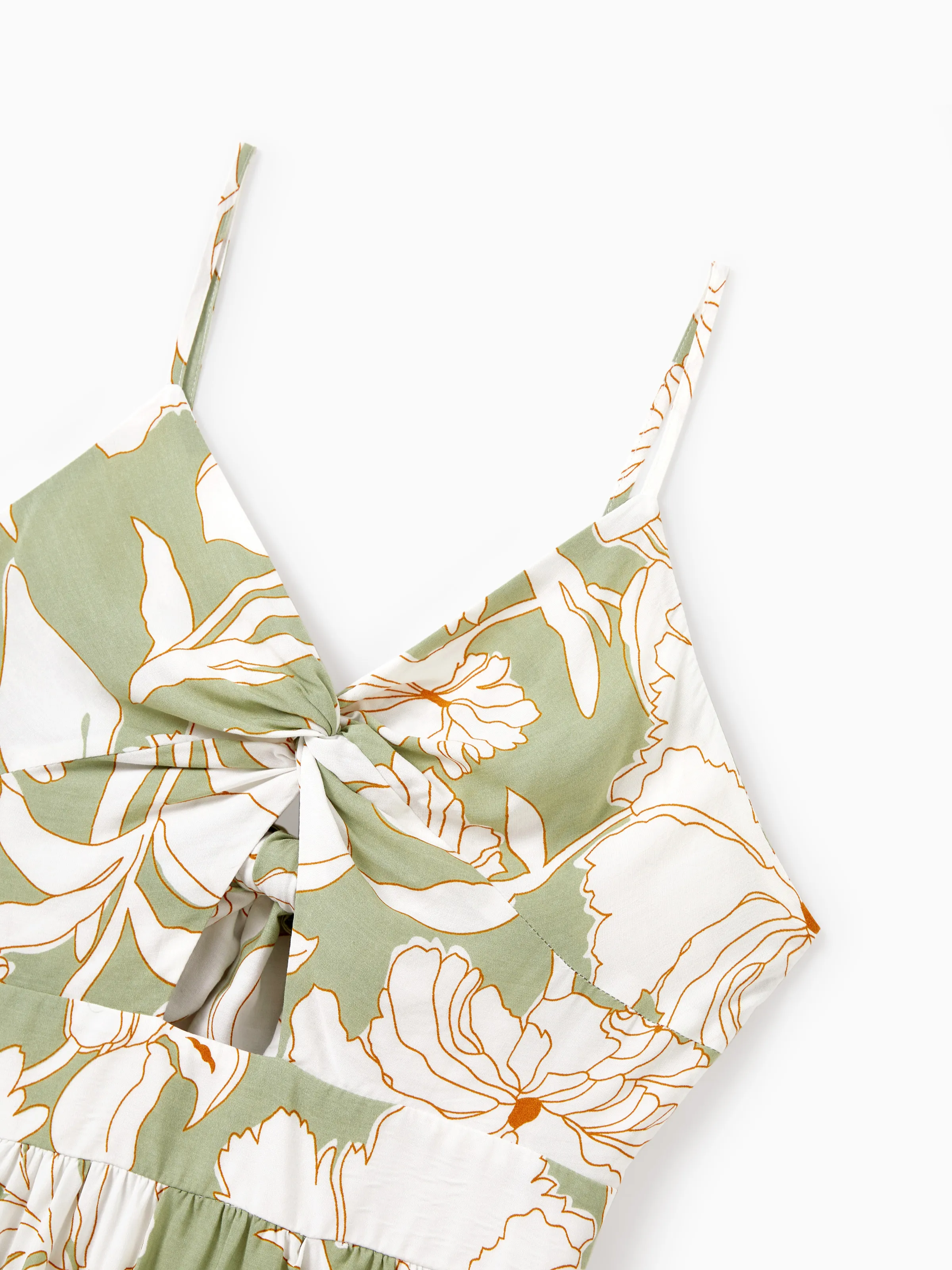 Mommy & me Outfits Tropical Floral Print Strap Dress or Short-sleeve Colorblock Shirts Set Pale Green - Image 9