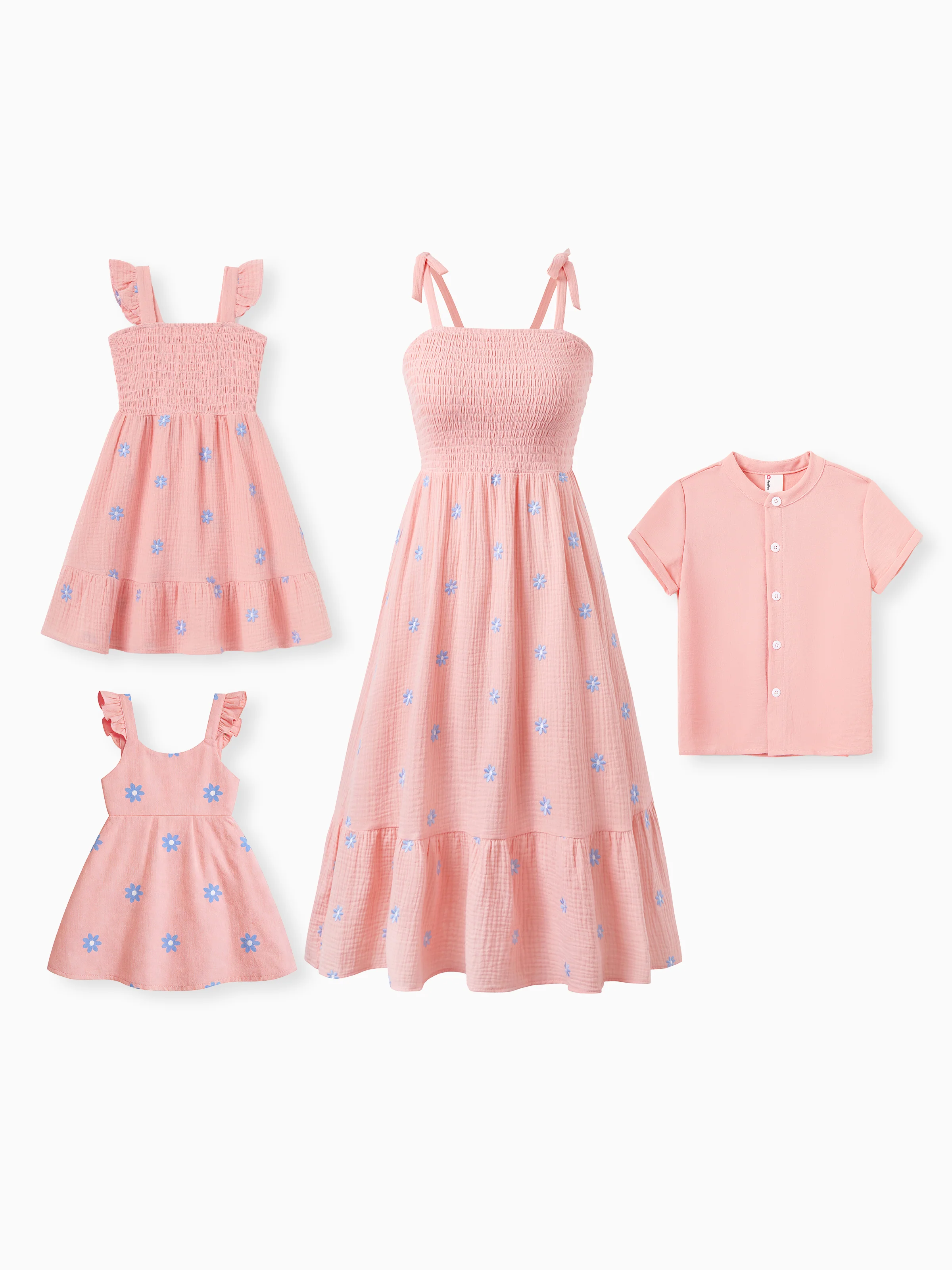 Mommy & me Pink Outfits Flower Print Smocked Tie-Back Cotton Dress for Mom & Daughter, Solid Shirts for Son, Perfect for Summer Family Outings & Photos Mauve Pink