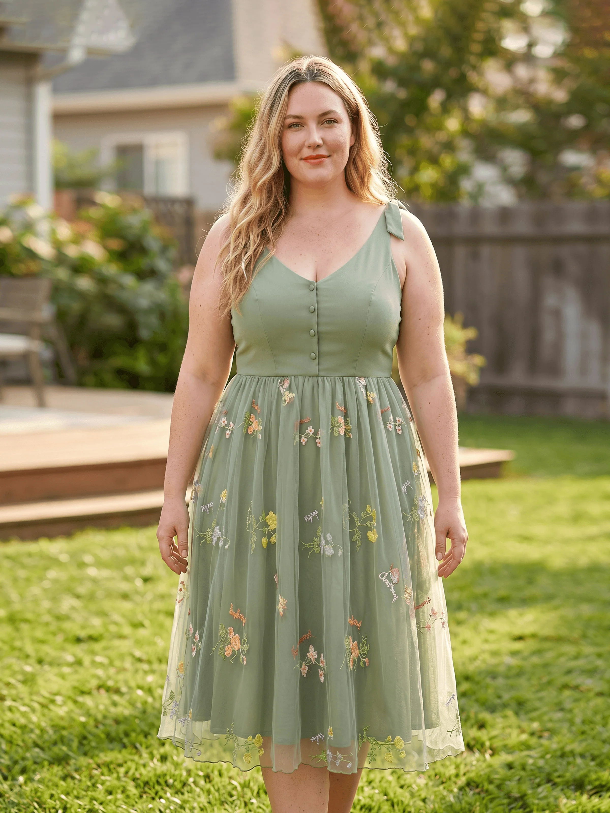 Mommy & me Polo Collar Short-sleeve Shirt or V-neck Strappy Mesh Dress Green - Image 3