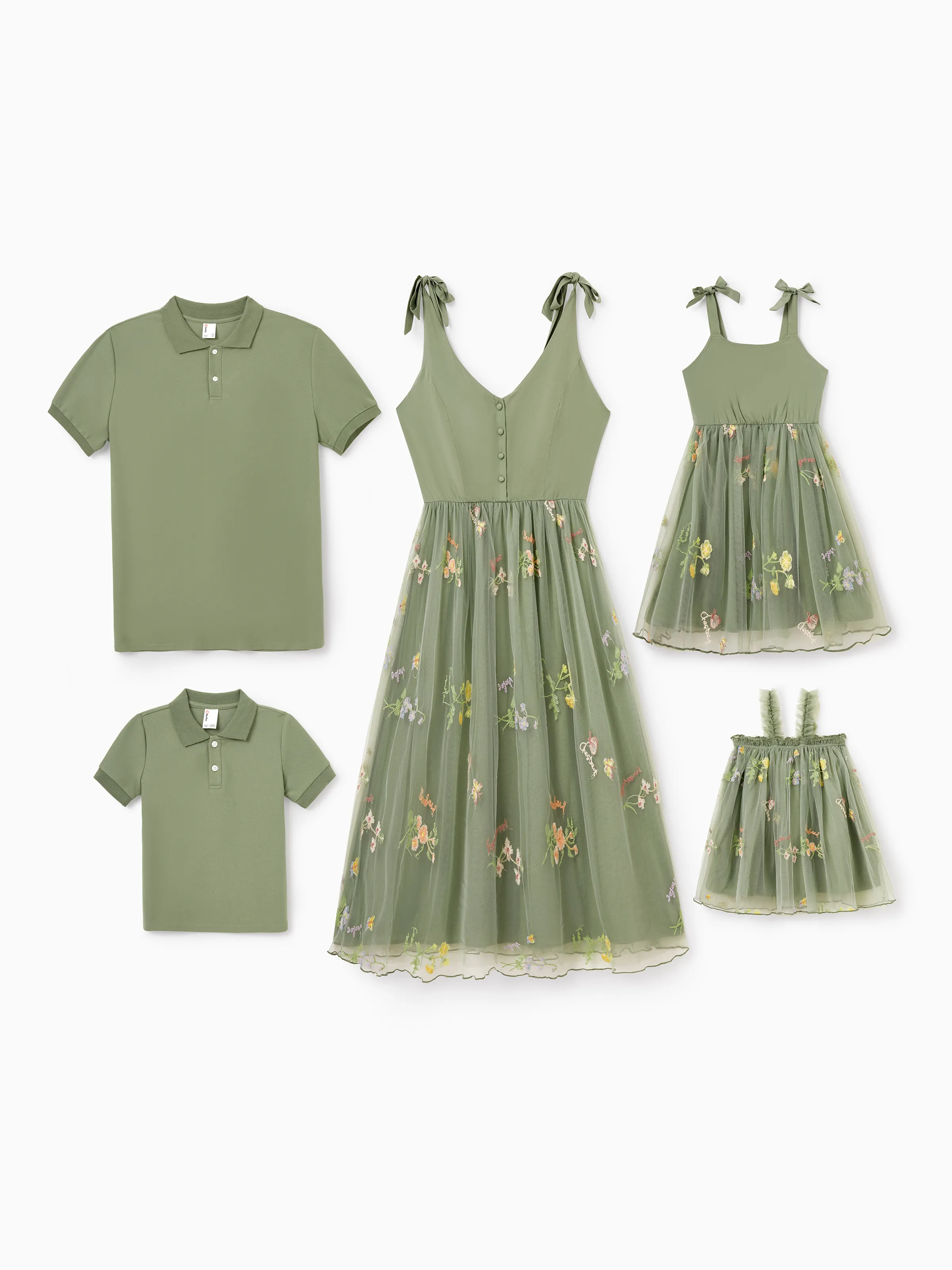 Mommy & me Polo Collar Short-sleeve Shirt or V-neck Strappy Mesh Dress Green - Image 4