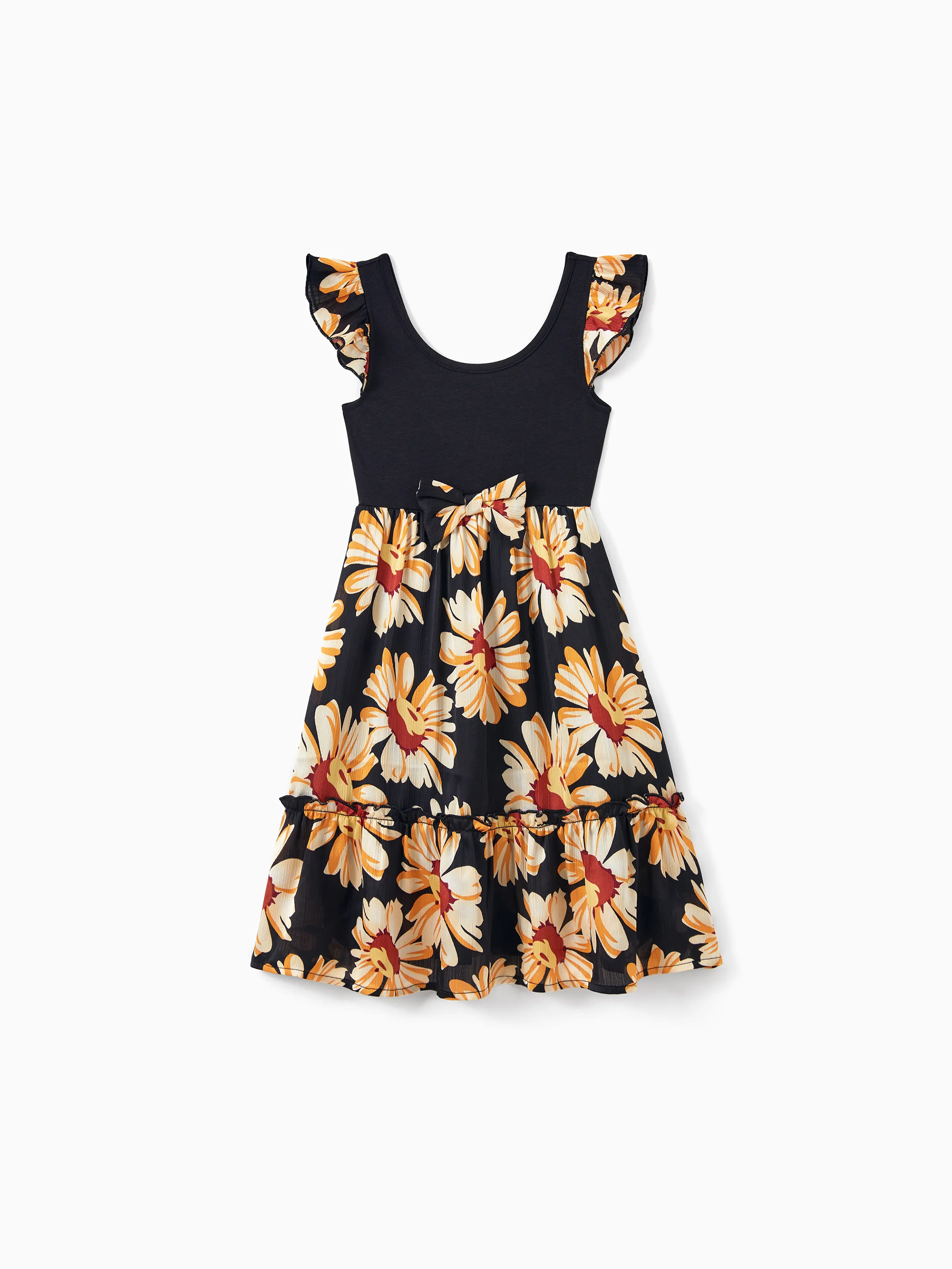 Mommy & me Set Floral Sleeveless Strappy Dress or Colorblock Short-sleeve T-shirt Black - Image 11