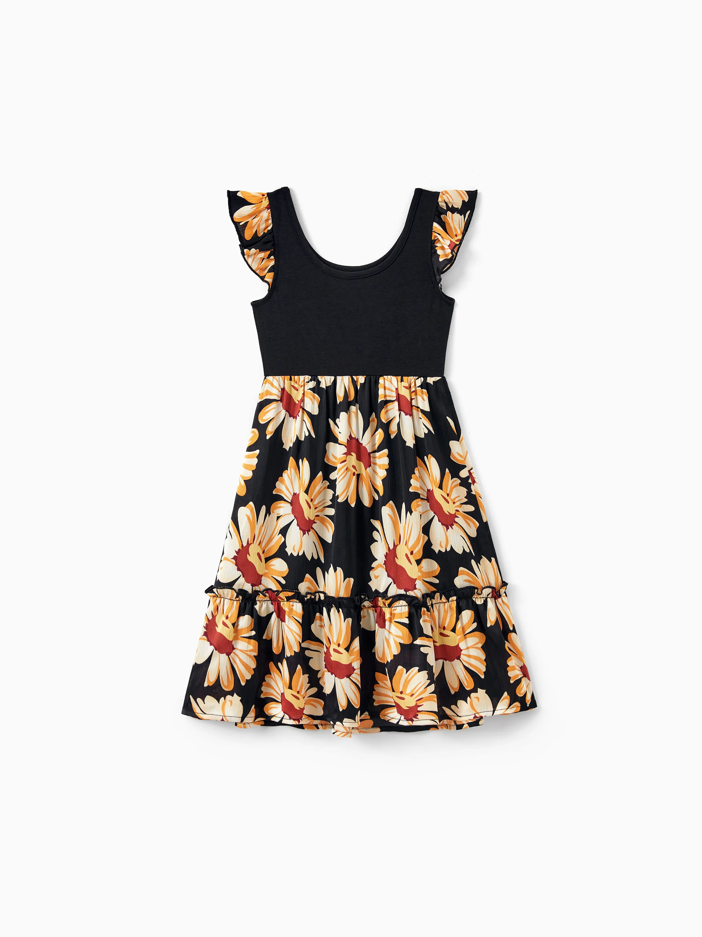 Mommy & me Set Floral Sleeveless Strappy Dress or Colorblock Short-sleeve T-shirt Black - Image 12