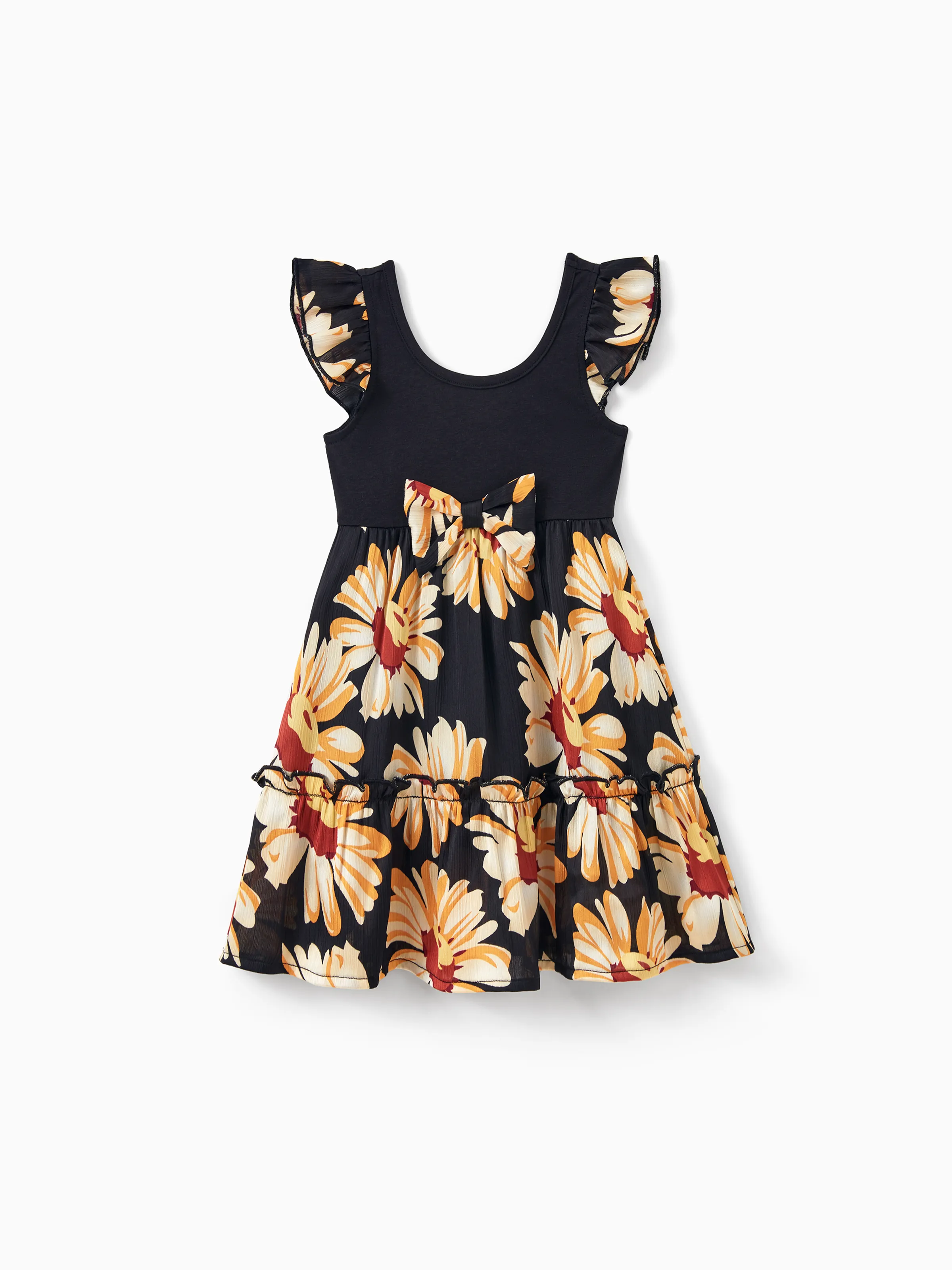 Mommy & me Set Floral Sleeveless Strappy Dress or Colorblock Short-sleeve T-shirt Black - Image 16