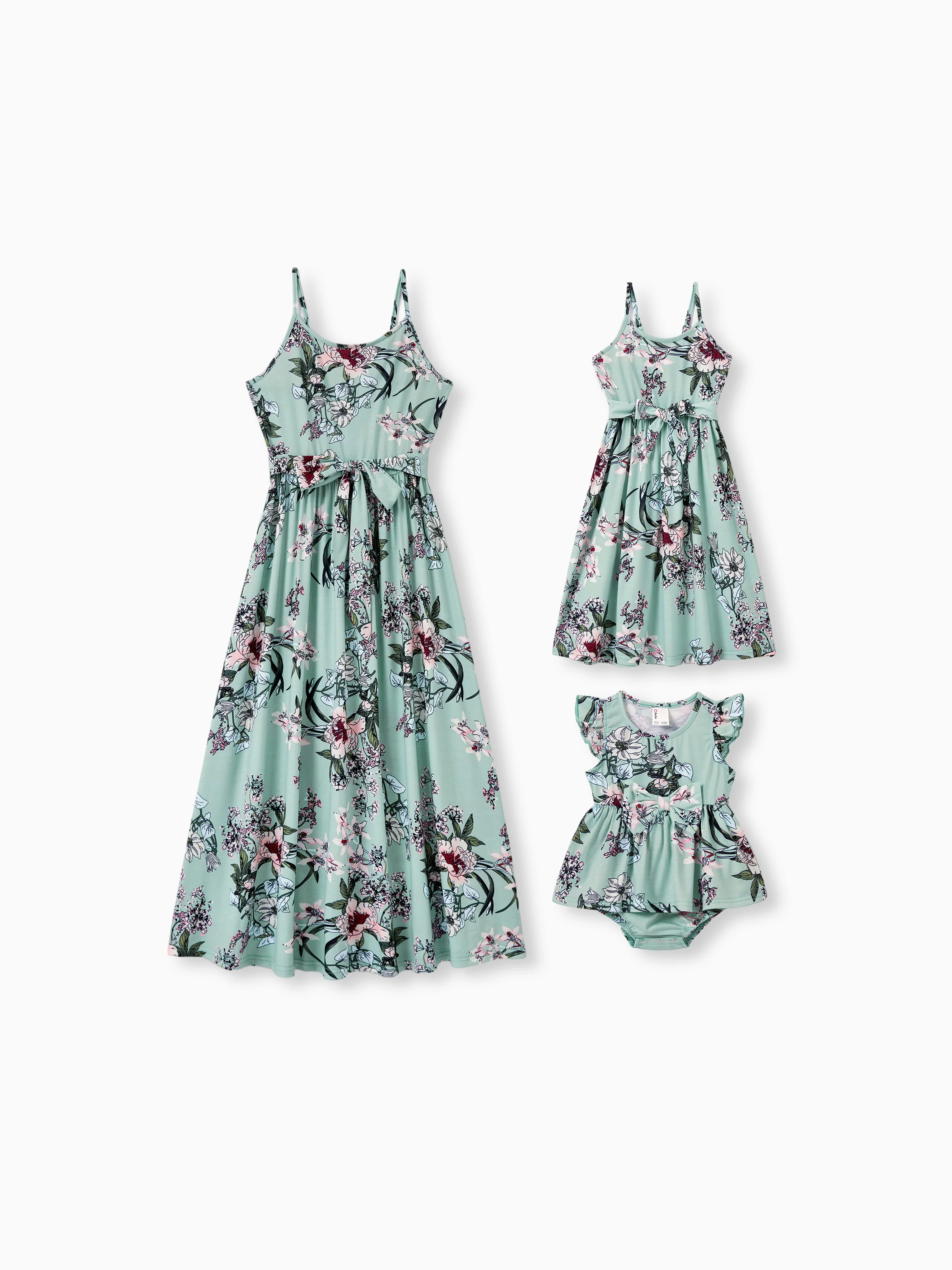 Mommy & me Sets Green Striped Polo Shirt or Flora Print Strap Belted Dress Light Green