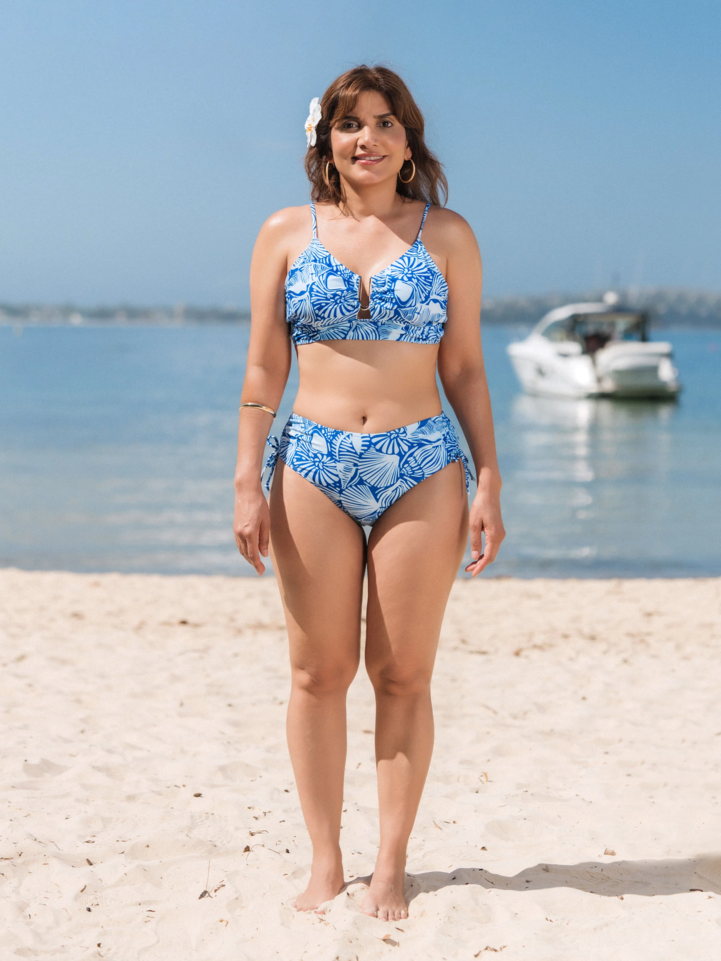 Mommy & me Shell Print Swimwear Floral two-piece Bikini & Swim Shorts Set for Mom, Dad, & Kids, Perfect for Beach Days & Pool Parties Blue - Image 4