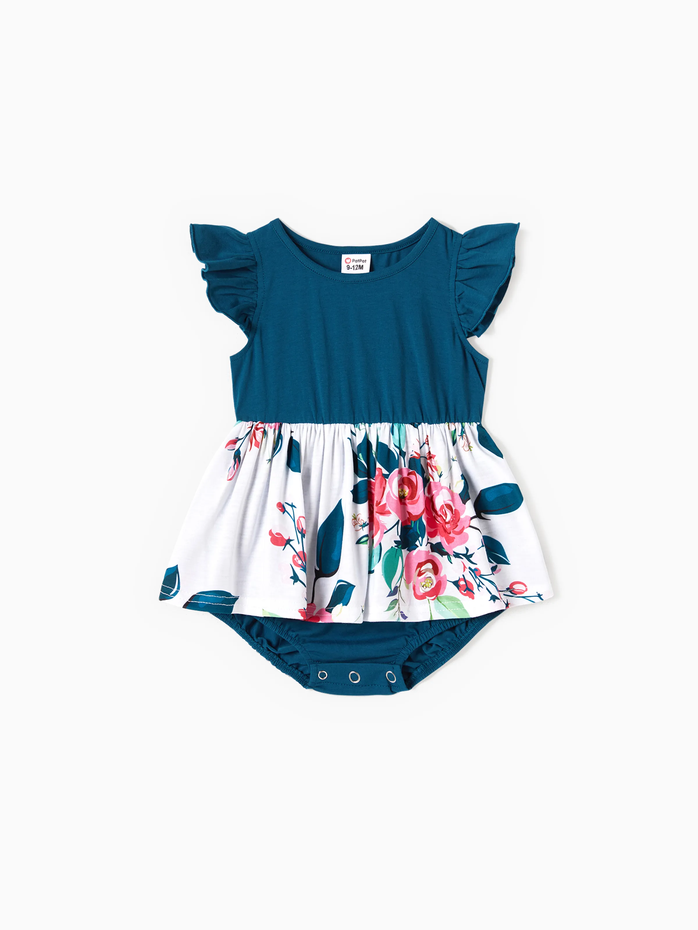 Mommy & me Solid V Neck Flutter-sleeve Splicing Floral Print Dresses Sets Azure- - Image 14