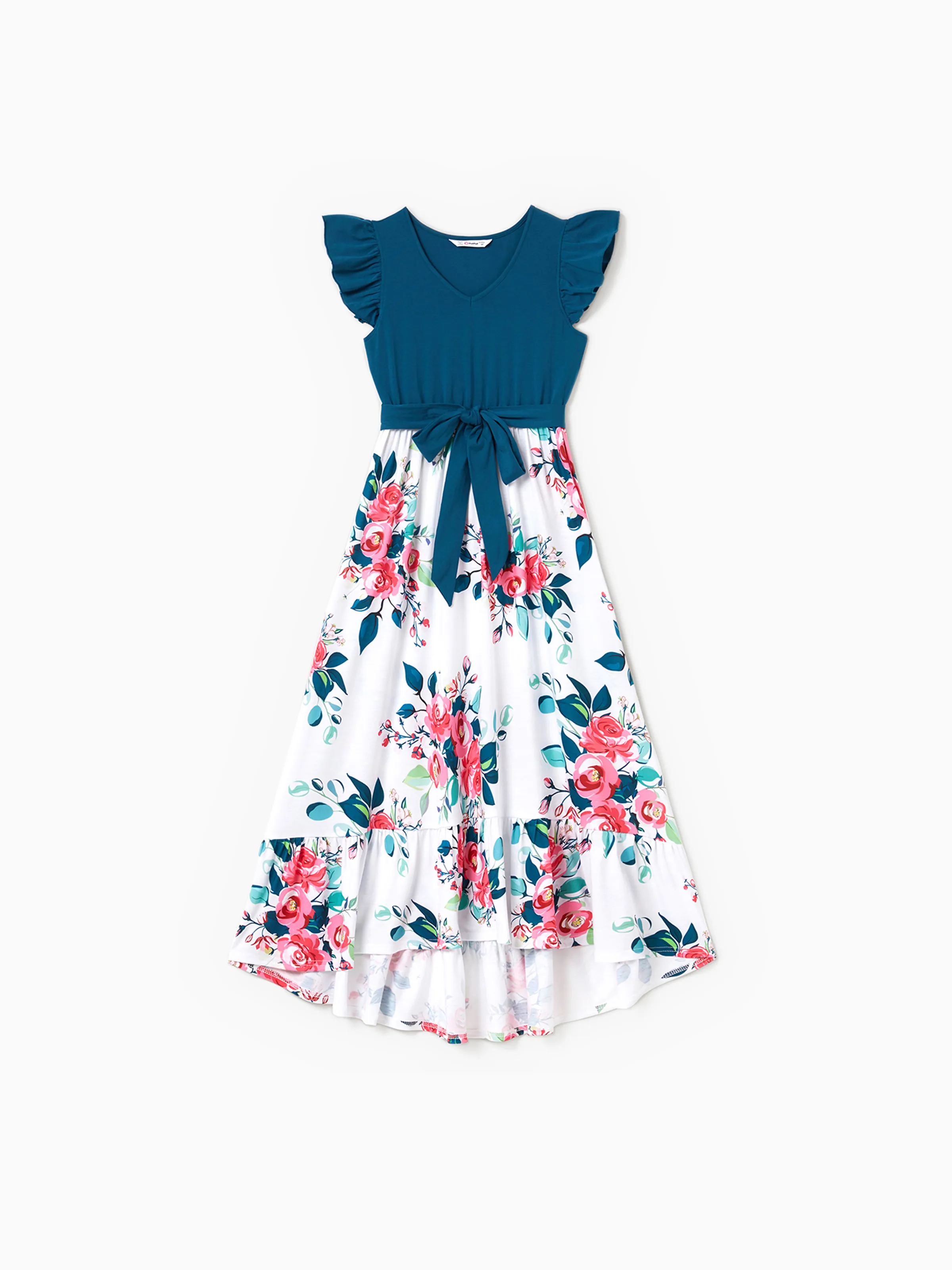 Mommy & me Solid V Neck Flutter-sleeve Splicing Floral Print Dresses Sets Azure- - Image 4