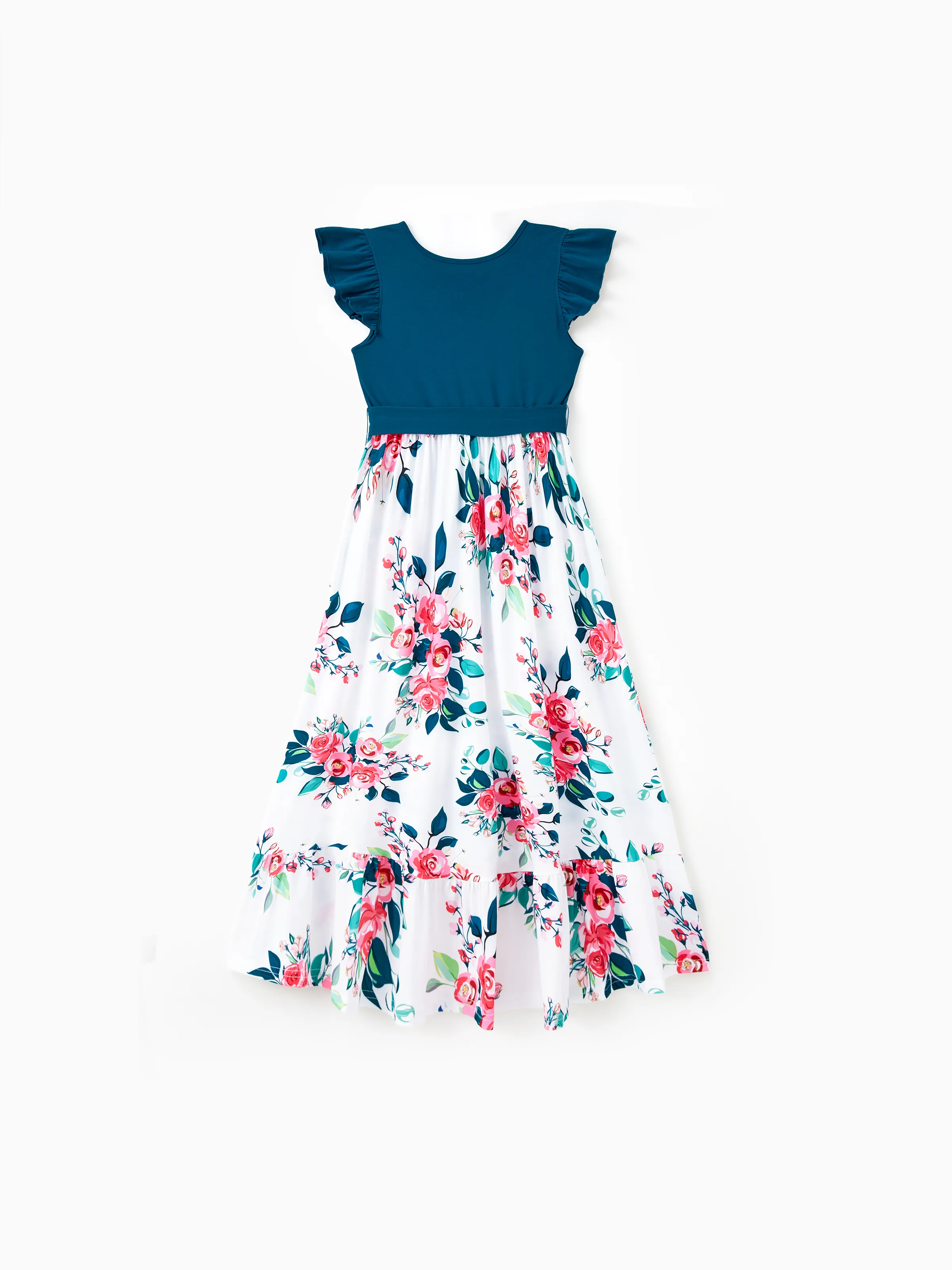 Mommy & me Solid V Neck Flutter-sleeve Splicing Floral Print Dresses Sets Azure- - Image 5