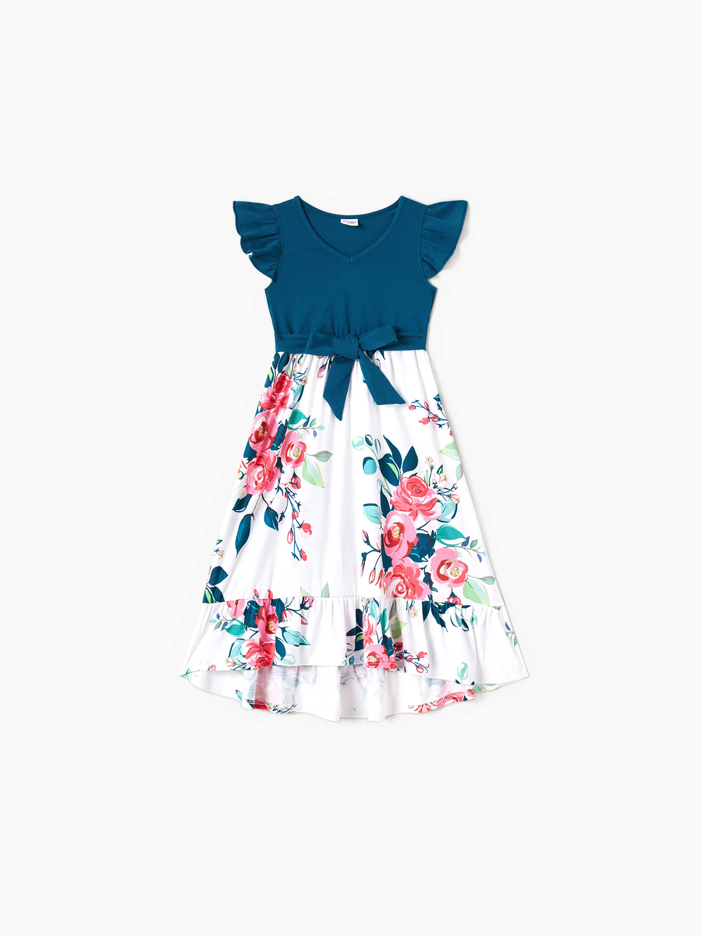 Mommy & me Solid V Neck Flutter-sleeve Splicing Floral Print Dresses Sets Azure- - Image 9