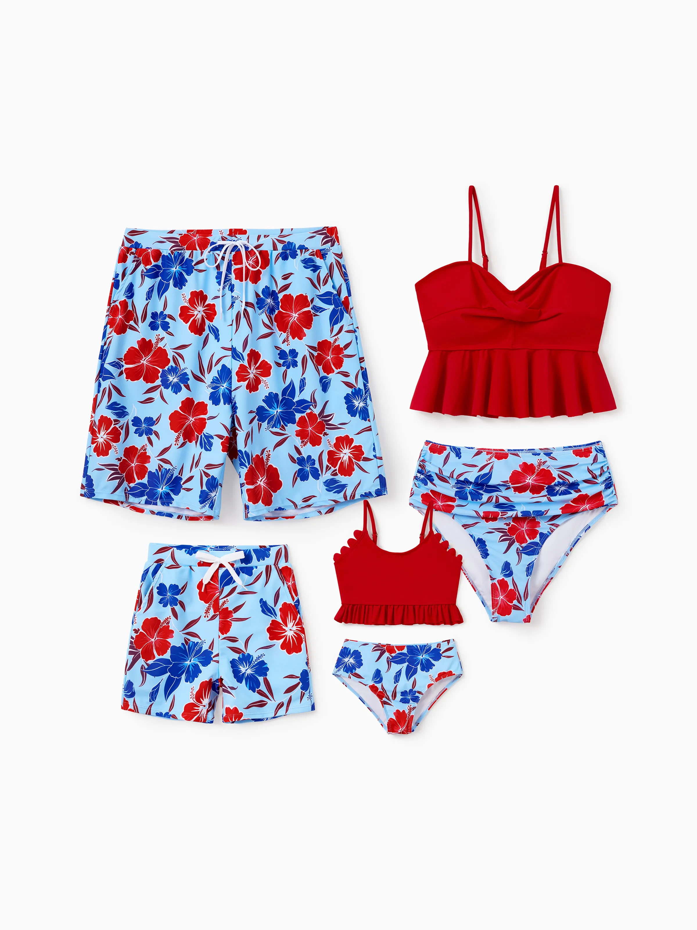 Mommy & me Swimwear Floral Print Bikini & Swim Trunks Set for Mom, Dad, & Kids, Perfect for Summer Beach Days & Pool Parties Red - Image 2