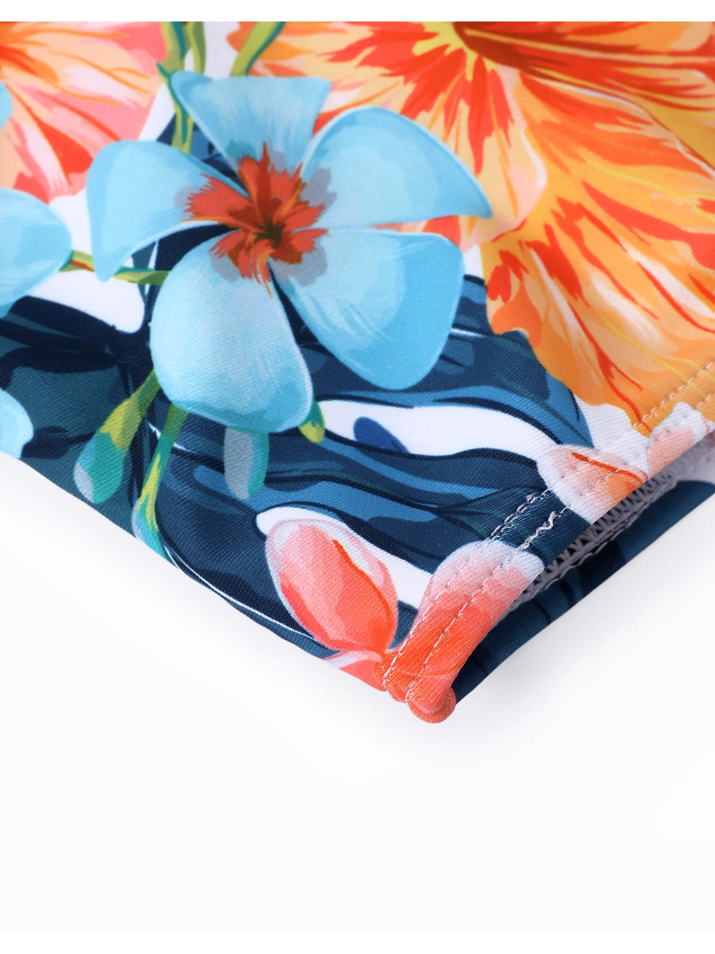 Mommy & me Swimwear Tropical Floral Bikini Set with Ruffle Top for Mom & Daughter, Board Shorts for Dad & Son, Bright Summer Beach Outfits Orange - Image 17