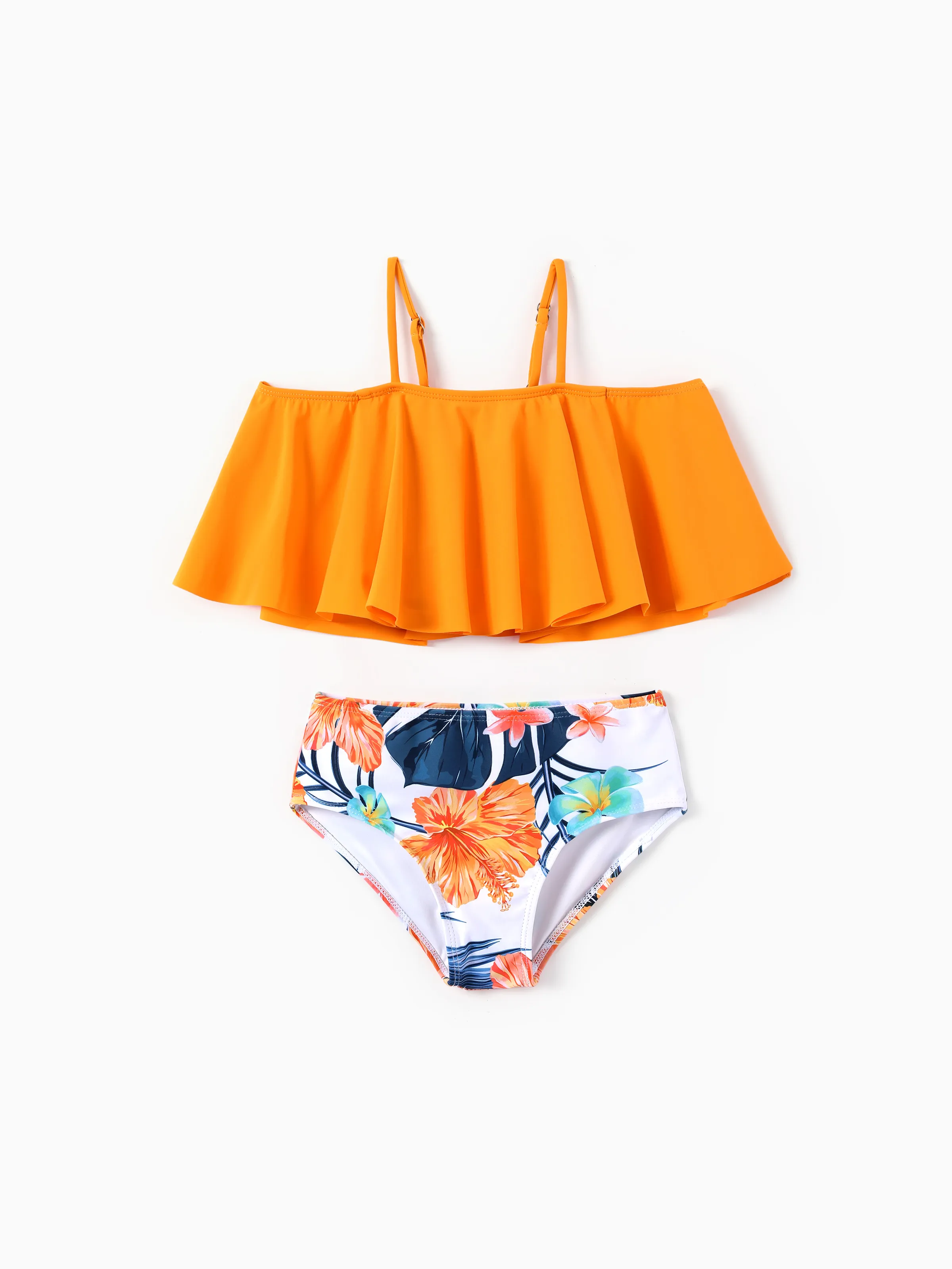 Mommy & me Swimwear Tropical Floral Bikini Set with Ruffle Top for Mom & Daughter, Board Shorts for Dad & Son, Bright Summer Beach Outfits Orange - Image 8