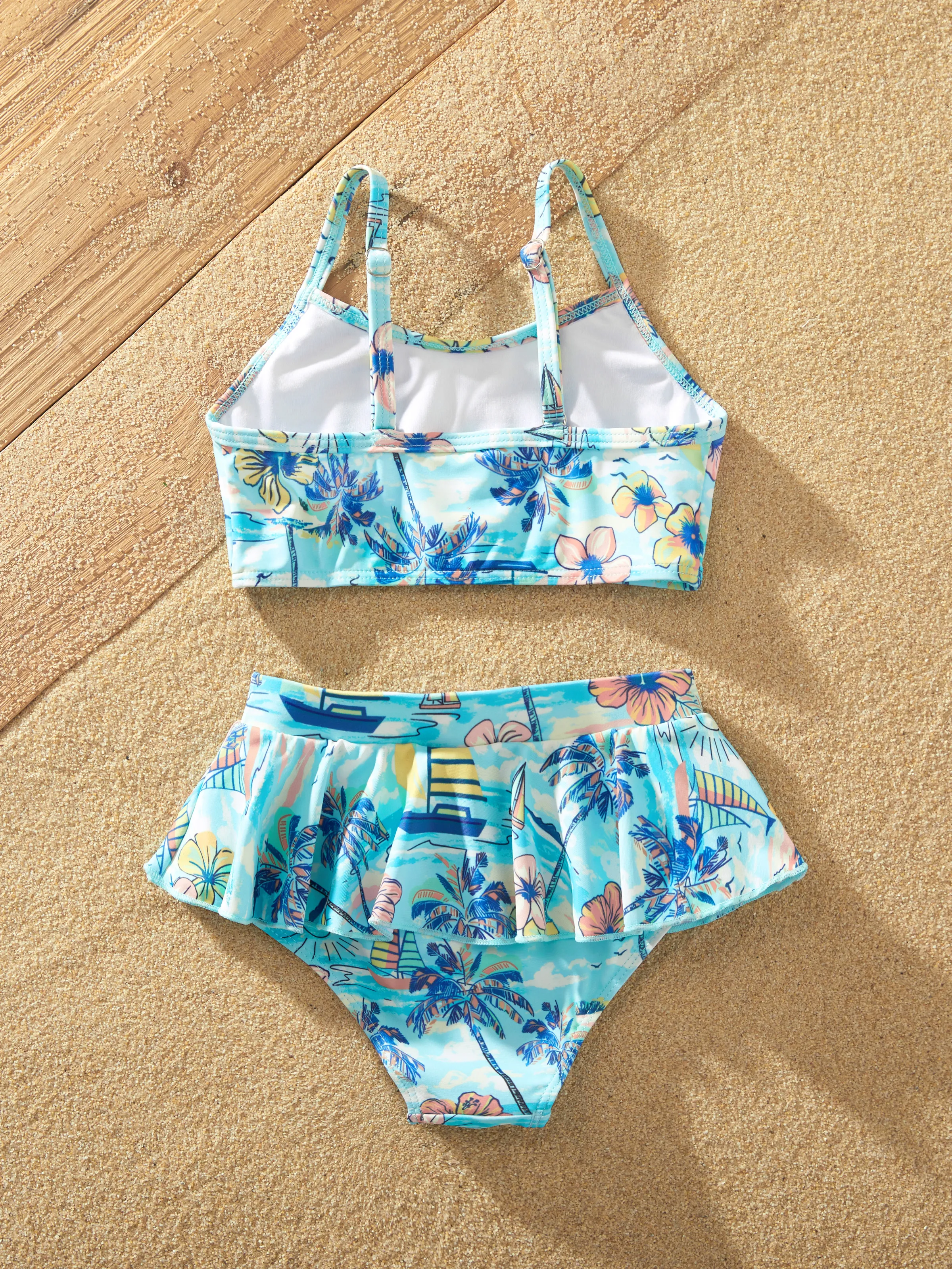 Mommy & me Swimwear Tropical Print, Mommy Tie-front Cutout One-piece Swimsuit, Girl two-piece Swimsuit Daddy & Son Swim Trunks Set for Summer Beach Vacation Light Blue - Image 14