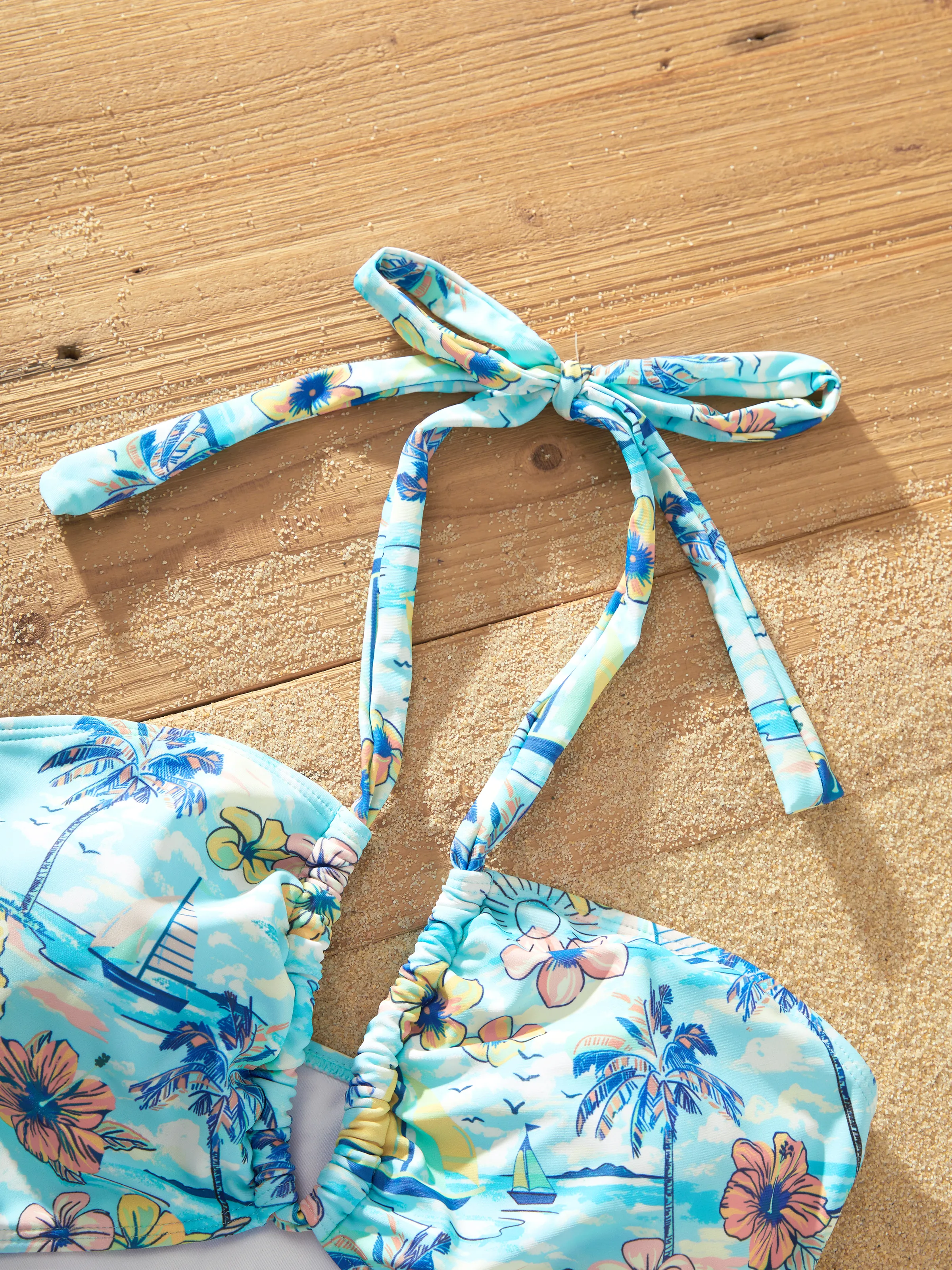 Mommy & me Swimwear Tropical Print, Mommy Tie-front Cutout One-piece Swimsuit, Girl two-piece Swimsuit Daddy & Son Swim Trunks Set for Summer Beach Vacation Light Blue - Image 8